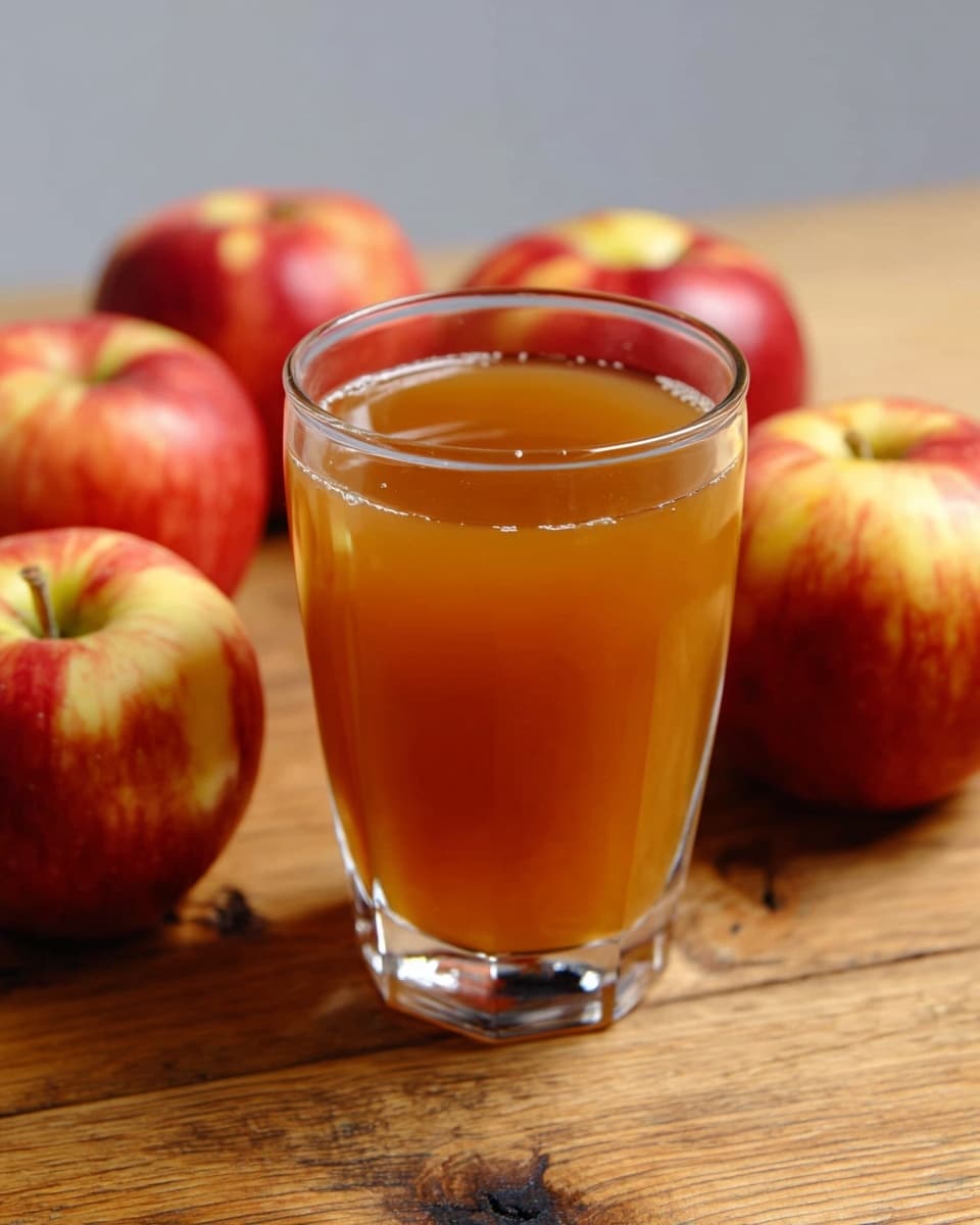A clear glass filled almost to the top with fresh-looking golden brown apple juice sits on a wooden surface. Around the glass, there are four whole red and yellow apples with smooth skins. The background is a plain light color, and the surface beneath is wooden with visible grain and a few darker marks, contrasting with the bright apples and juice. photo taken with an iphone --ar 4:5 --v 7