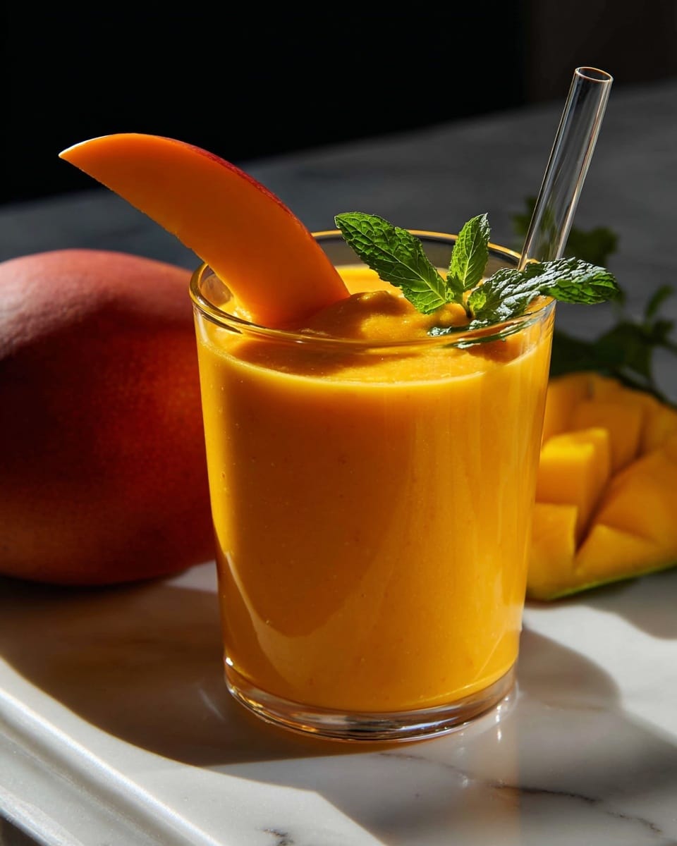 A woman's hand holds a clear glass filled with bright orange mango juice, smooth in texture and topped with a fresh green mint leaf resting on top. A wedge of ripe mango with a red and orange skin sits on the rim of the glass. Nearby, a whole mango with a red-orange skin and a peeled half mango showing vibrant yellow flesh rest on a white marbled surface. Sunlight casts soft shadows across the scene, highlighting the rich colors of the mango juice and fruit. Photo taken with an iphone --ar 4:5 --v 7