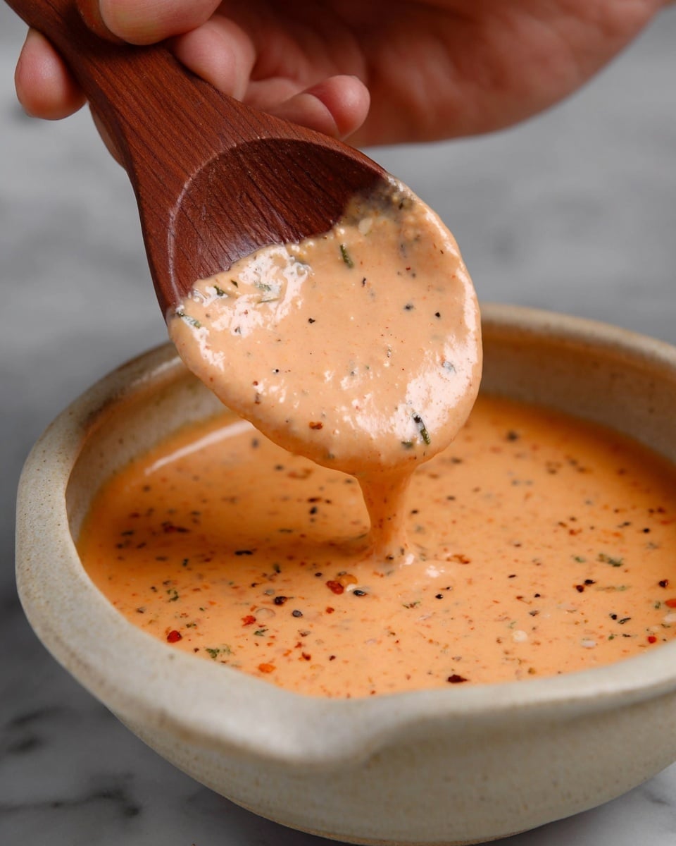 A close-up view of a light orange sauce with small black and red specks, showing a creamy and smooth texture. The sauce fills a rustic white bowl with a rounded, uneven rim. A wooden spatula covered with the sauce is held by a woman's hand, lifting some of the sauce from the bowl. The background features a white marbled texture. photo taken with an iphone --ar 4:5 --v 7