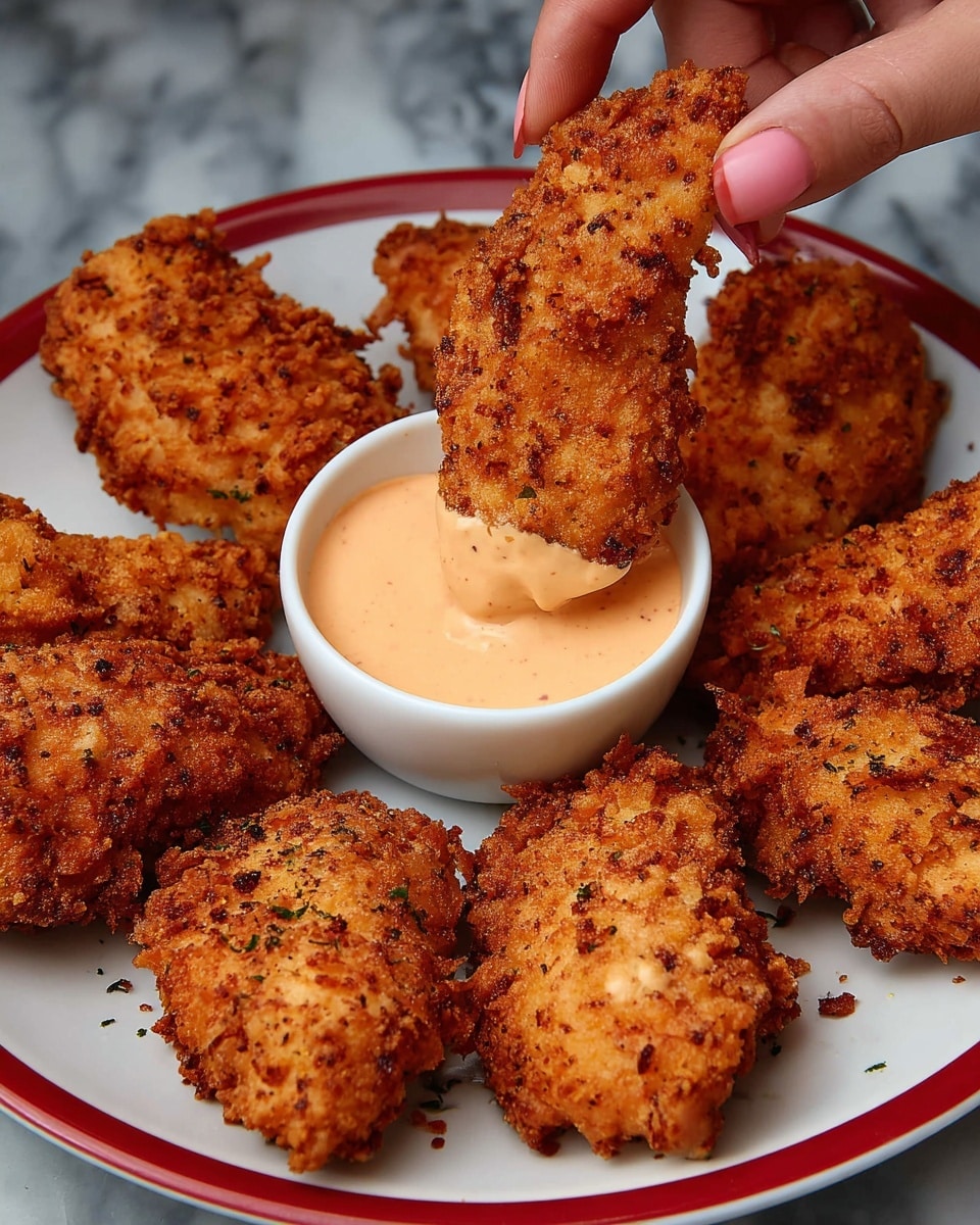 A white speckled small bowl filled with light orange dipping sauce that has small black and red specks in it, with a silver spoon lifting some sauce above the bowl showing its smooth, creamy texture. Around the bowl, there are three pieces of golden brown, crispy fried breaded food, placed on a white plate. The scene is set on a white marbled surface, and a woman's hand is visible at the top edge of the photo. photo taken with an iphone --ar 4:5 --v 7