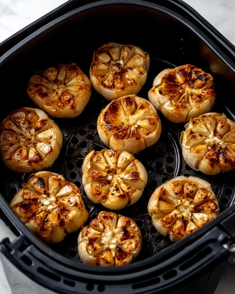 The image shows nine round pieces of roasted garlic arranged in an air fryer basket. Each piece has a light golden brown color with darker brown spots from roasting, and the garlic cloves are clustered tightly in the center surrounded by a thin, slightly browned skin. The cloves have a soft and caramelized texture visible on top, while the basket is black with ventilation holes beneath the garlic pieces. The background is a white marbled texture photo taken with an iphone --ar 4:5 --v 7