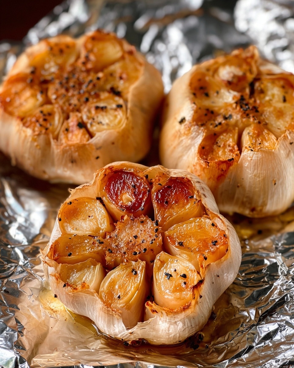 The image shows three roasted garlic bulbs sitting on a shiny, crinkled foil layer. Each garlic bulb has about 10 individual garlic cloves visible, with their papery skins slightly browned and some cloves having a caramelized, golden-brown top layer. The cloves are plump and soft looking, with a few black pepper specks scattered across them. The foil underneath reflects light, adding a shiny silver texture to the scene. photo taken with an iphone --ar 4:5 --v 7