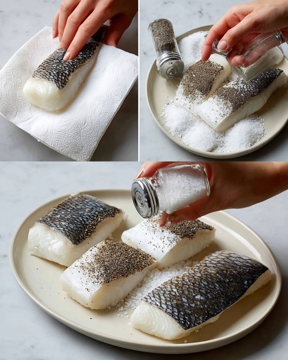 The image shows four steps of preparing fish fillets on a white marbled surface. In the first part, a woman's hand holds a white paper towel pressing down on a thick white fish fillet with dark gray skin on one side. The second part shows a woman's hand sprinkling coarse white salt from a clear grinder over three fish fillets arranged on a white plate; two fillets show the white side up while the third shows the skin side up. The third part displays a woman's hand grinding black pepper onto two white fish fillets placed next to each other on the white plate. In the last part, three fish fillets are laid on the plate with the middle fillet showing shiny, textured dark gray fish skin while the other two have the smooth white fish side up, all lightly seasoned with salt and pepper. photo taken with an iphone --ar 4:5 --v 7