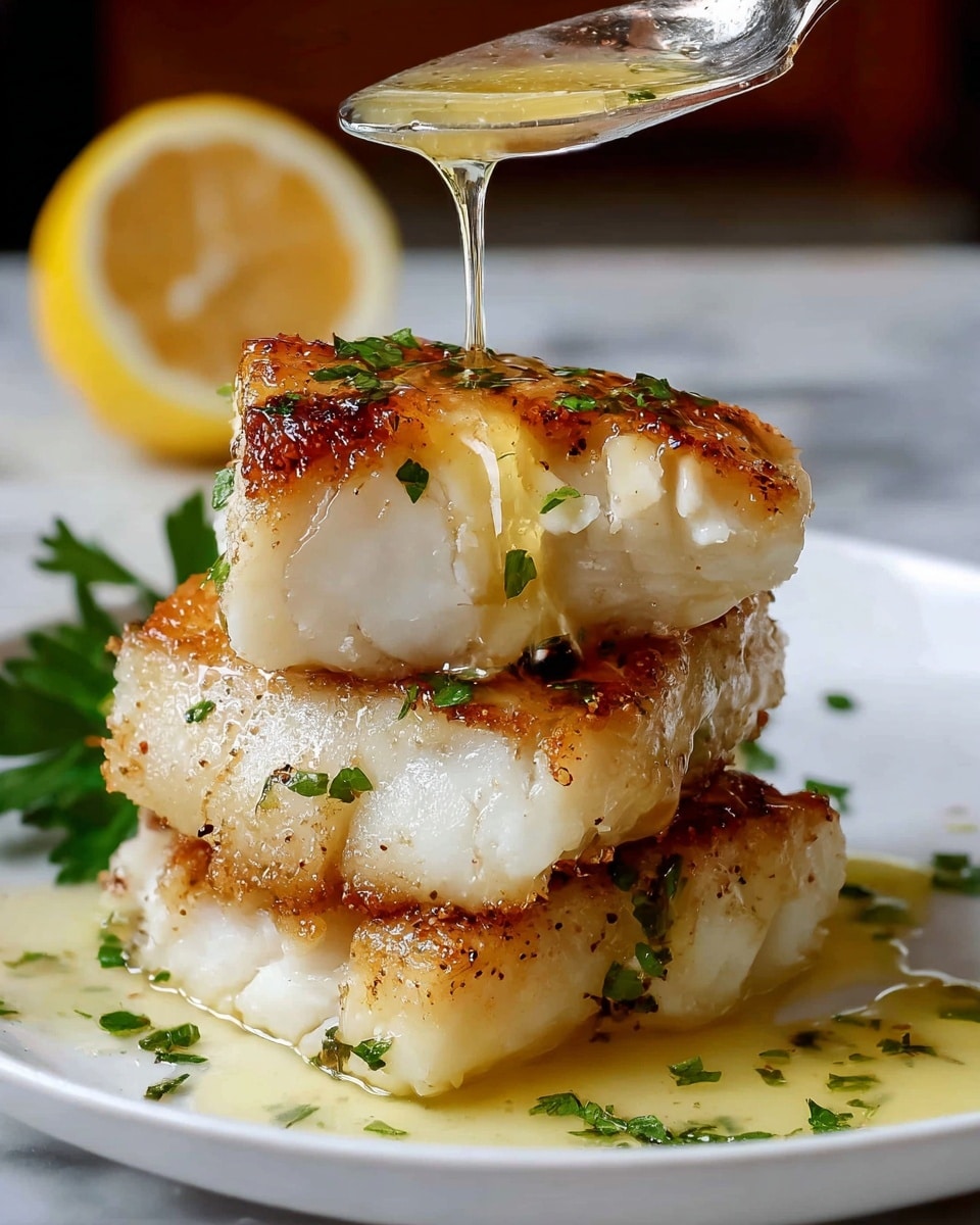 The image shows a white plate with three pieces of cooked white fish stacked in the center. The bottom piece is thick and golden brown on the sides, covered with a light yellow buttery sauce that pools underneath. On top, two smaller pieces of fish are stacked, both white inside with a golden-browned, slightly crispy outside. Small green herb leaves are sprinkled over the fish and sauce. The background has a white marbled texture, with a blurred lemon and other objects visible. Photo taken with an iphone --ar 4:5 --v 7