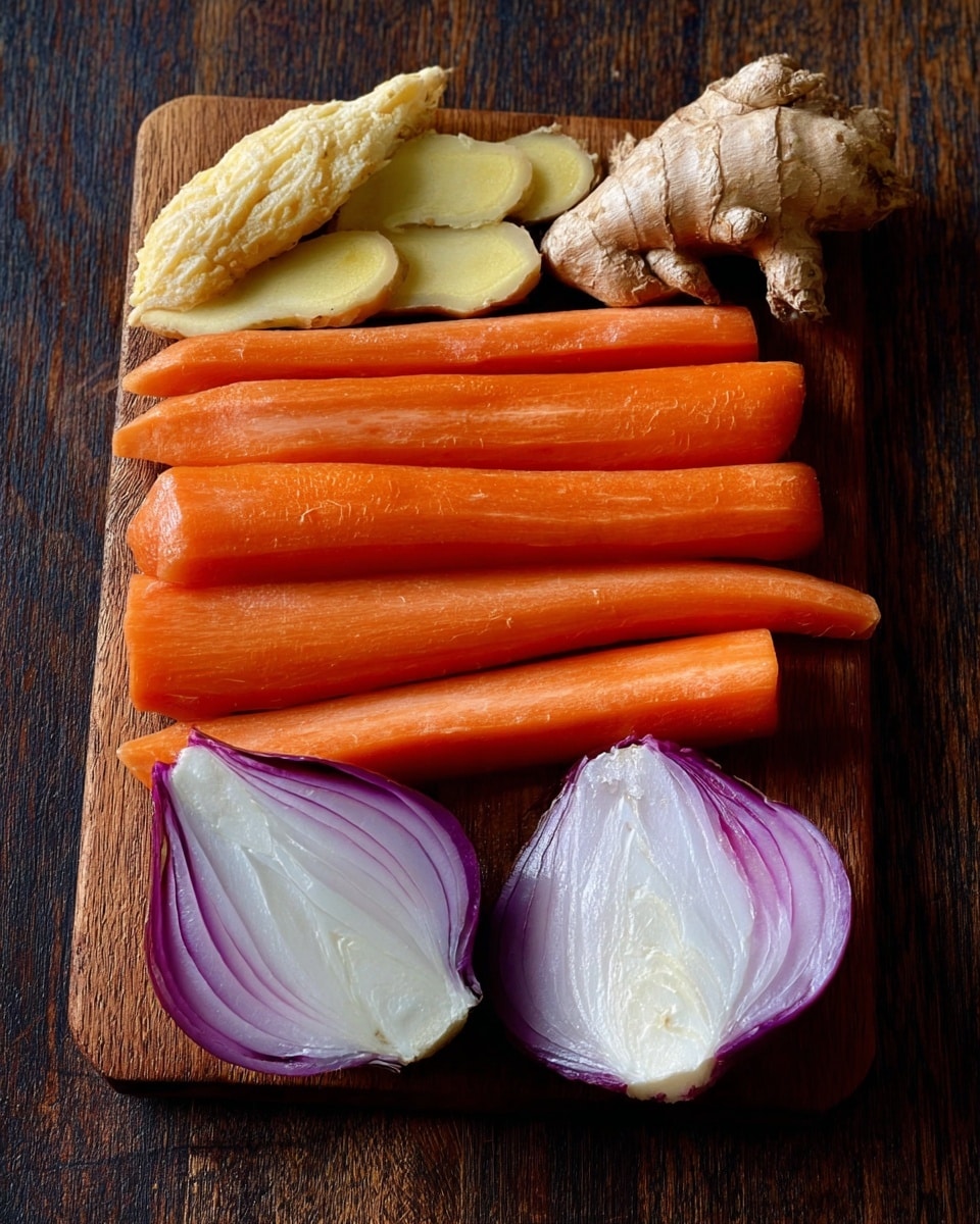 A clear glass jar filled with a smooth, thick carrot-colored soup with a slightly textured surface near the top, sitting on a white marbled surface; to the left of the jar, there is a piece of fresh ginger root with its light brown skin and knobby texture, and to the right, two whole bright orange carrots lay next to each other; in the blurred background, there is a white bowl filled with fresh green lettuce leaves sprinkled with small bits of orange, all presented in soft natural light. photo taken with an iphone --ar 4:5 --v 7