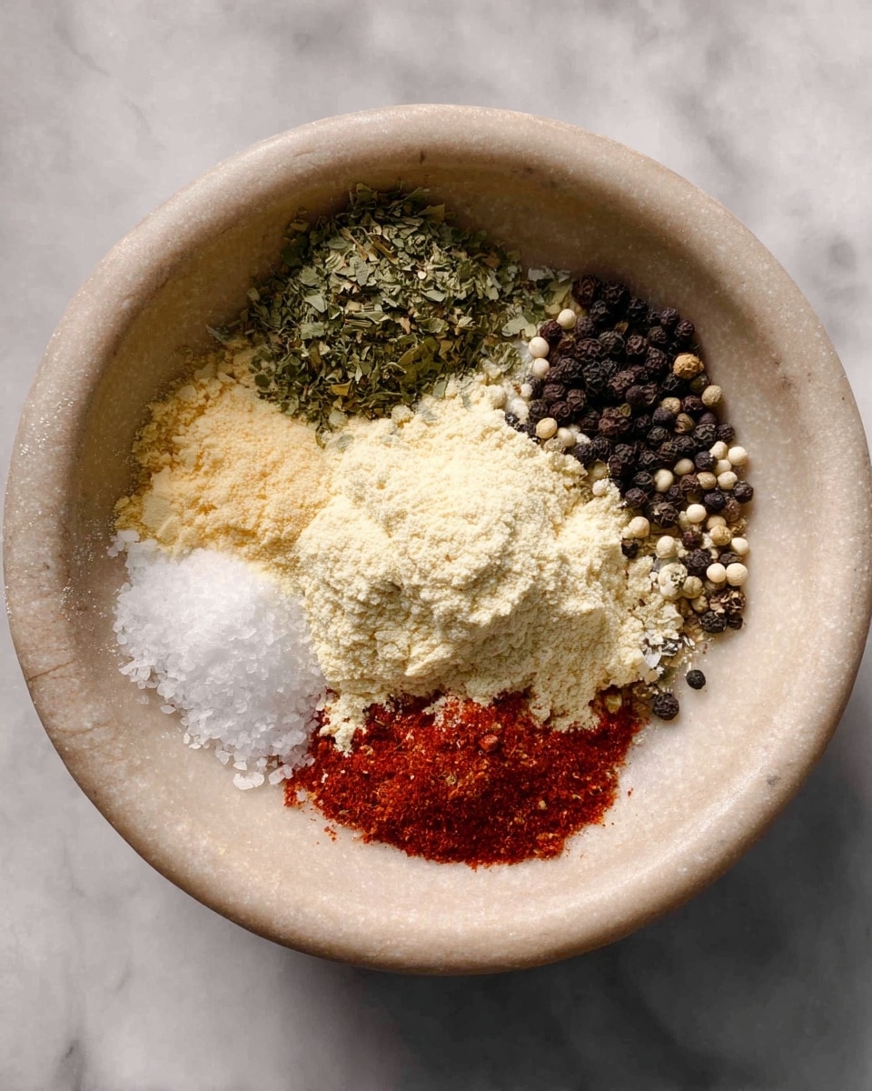 A pale stone bowl with six separate piles of dry ingredients arranged like slices in a pie, sitting on a white marbled surface. Starting from the top moving clockwise, the first pile is green dried herb flakes, followed by a light yellow powder, then a mix of black and white cracked peppercorns, a smaller bright red spice pile, coarse white salt, and in the center, a bigger mound of pale yellow flour-like powder. The colors contrast nicely with the bowl's soft neutral tone. photo taken with an iphone --ar 4:5 --v 7