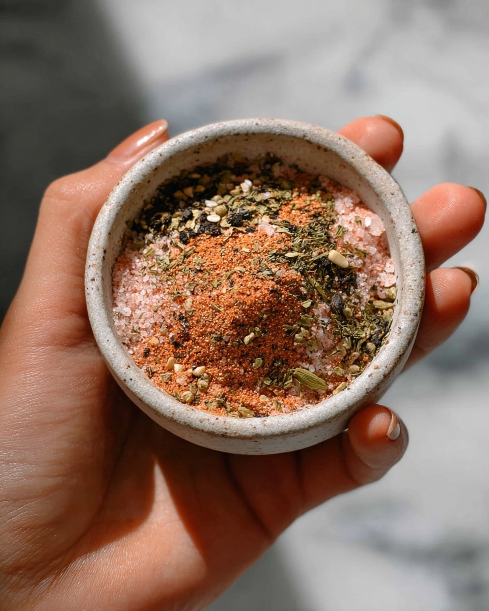A close-up image shows a woman's hand holding a small textured wooden bowl filled with a mix of reddish-brown and light pink powdered spice. A vintage silver spoon with decorative patterns on the handle is scooping some spice, revealing the granular texture made of fine and slightly coarse bits. The bowl is resting on a white marbled surface, with the woman's other hand gently holding the bowl from the side. The colors focus on warm tones from the spice and natural wood grain, contrasted by the smooth white marble below. Photo taken with an iphone --ar 4:5 --v 7