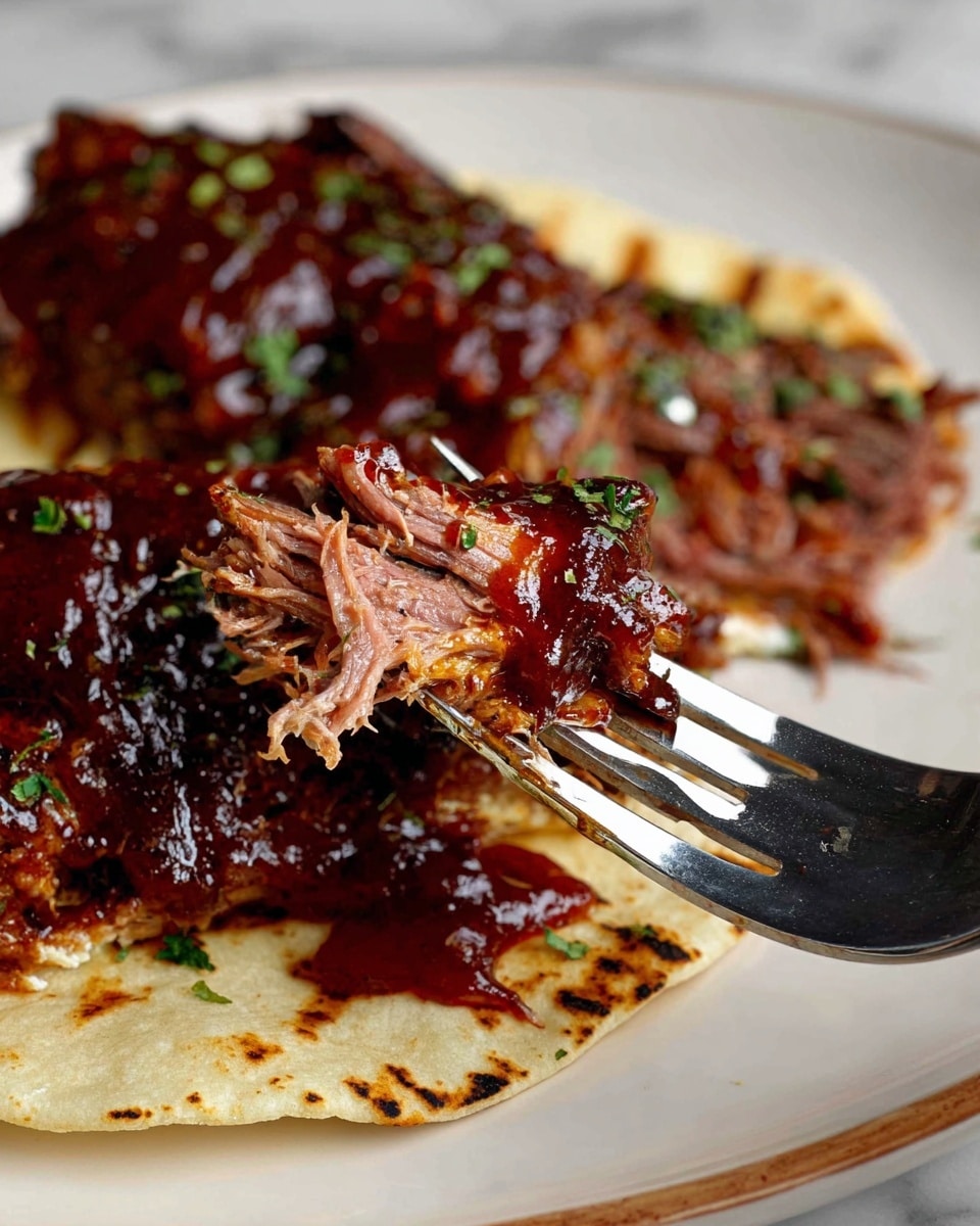A close-up view of several thick ribs stacked on a wooden cutting board, each rib coated in a shiny, dark red barbecue sauce with a few small green herb pieces sprinkled on top. The ribs show a rich, brown meat texture with clear muscle fibers visible, and the bones are white and clean, extending from the meat at the bottom of the stack. The wooden cutting board has a warm brown tone and slight wood grain. The background is a white marbled surface, and the lighting highlights the glossy sauce and moist texture of the ribs. Photo taken with an iphone --ar 4:5 --v 7