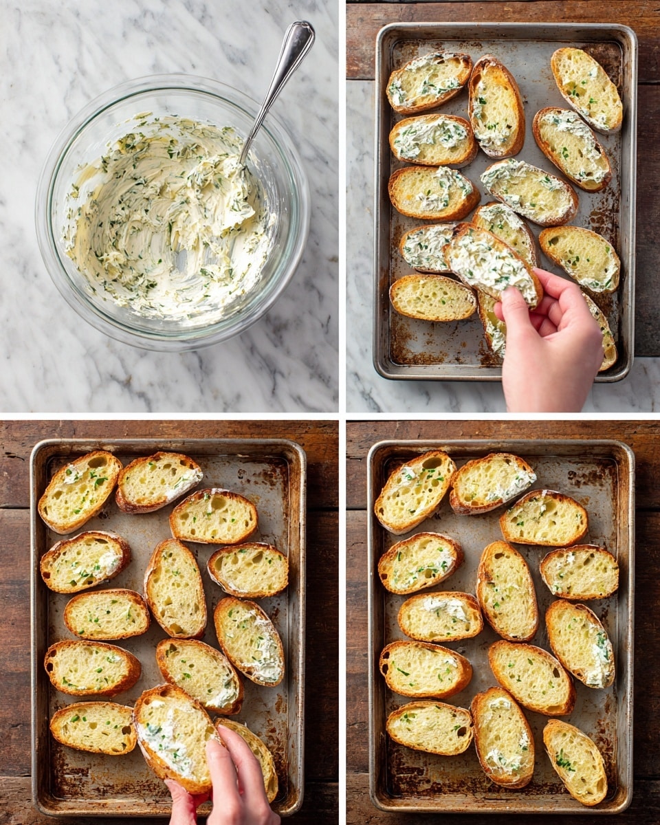 The image shows several pieces of toasted baguette slices arranged on a dark textured platter. Each slice has a layer of medium-cooked steak with a browned crust and pink center, topped with a white creamy sauce spread evenly over the steak. Chopped green herbs are sprinkled on top of the sauce, adding color and freshness. The background surface has a white marbled texture. photo taken with an iphone --ar 4:5 --v 7