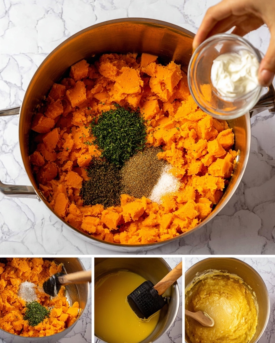 A white bowl filled with bright orange mashed sweet potatoes showing a thick, slightly chunky texture. On top, in the center, there is a small square of melting butter with black pepper and finely chopped green herbs sprinkled around it. The background includes a white marbled surface with some sweet potatoes, a clear glass of ice water, and a white cloth with blue stripes partly visible. The dish looks warm and inviting, with a fresh green herb garnish adding a pop of color. photo taken with an iphone --ar 4:5 --v 7