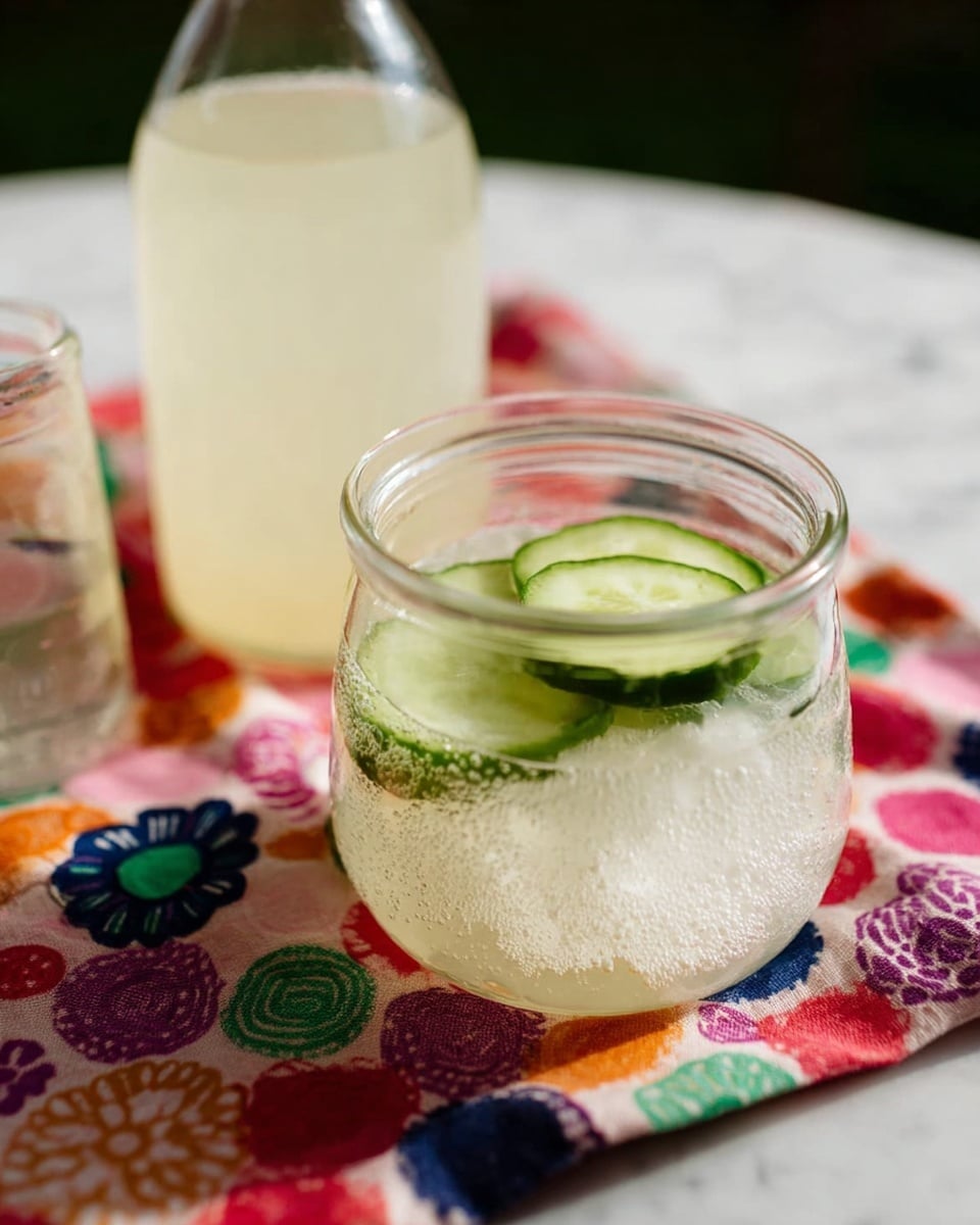 A clear glass jar with a handle is filled with a bubbly, light clear liquid and has two thin, round slices of lime pressed against the inside, floating near the middle of the jar. The jar is placed on a white cloth with colorful embroidered shapes, and in the background, there is a blurred white bottle. The scene sits on a white marbled surface with a green blurry background outside of the focus. photo taken with an iphone --ar 4:5 --v 7