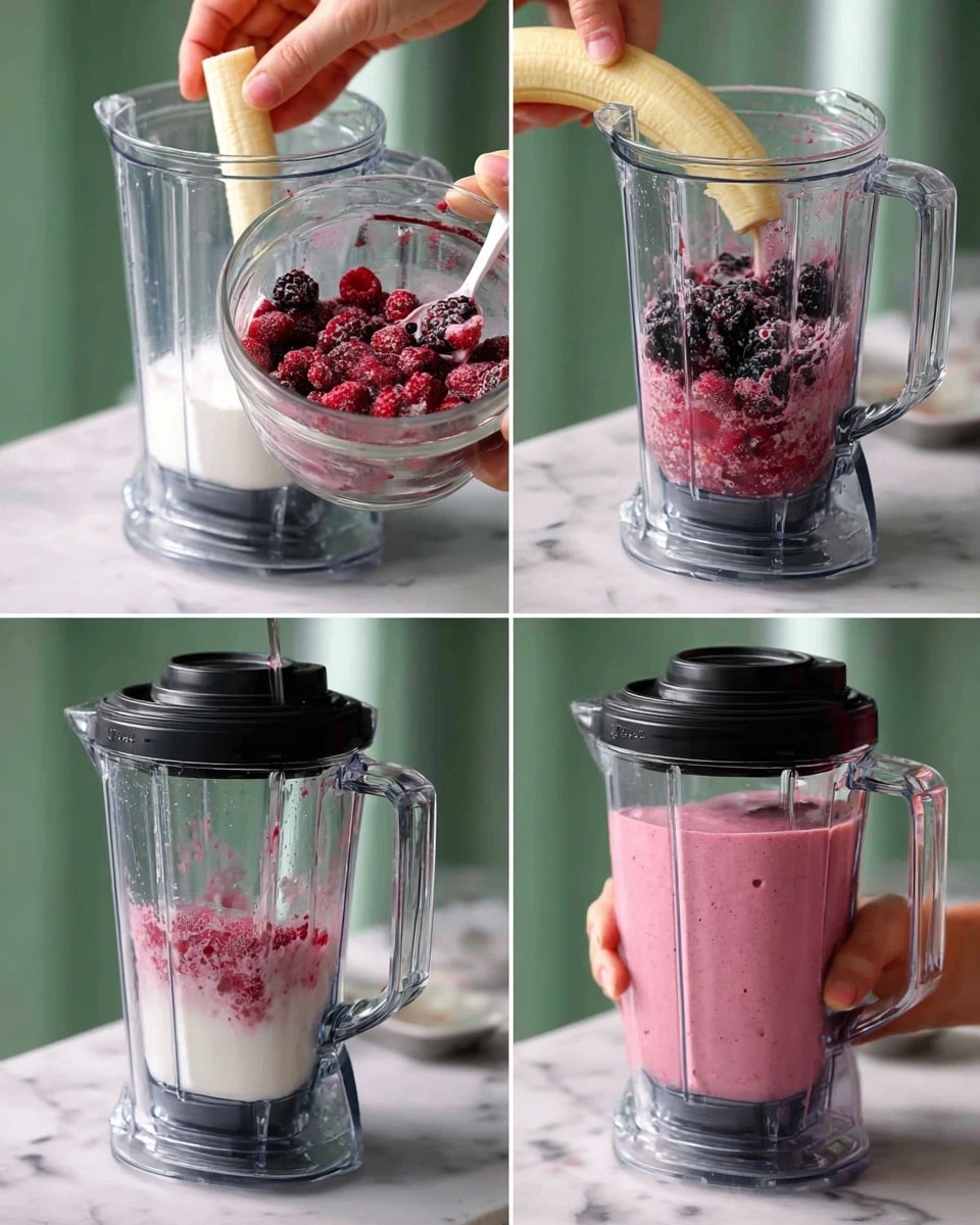 A clear glass filled with a thick, pink smoothie showing small dark specks throughout, topped with a few whole blueberries, small red fruit pieces, and green mint leaves. A clear glass straw sticks out from the right side of the glass. A woman's hand is holding the glass near the bottom. The background is a white marbled surface with some blue and red berries placed around the base of the glass. Photo taken with an iphone --ar 4:5 --v 7