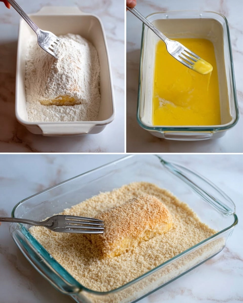 The image shows three steps of preparing a food item in a simple collage. The first part displays a piece of food being covered in white flour inside a white rectangular container, with a silver fork on the left side. The second part shows the same piece now dipped into a yellow egg wash inside a clear glass container, with the fork partially pressing on the food. The third part captures the piece being coated in light brown breadcrumbs inside a clear glass container while the fork holds and moves it. The background for all parts is a white marbled texture. photo taken with an iphone --ar 4:5 --v 7