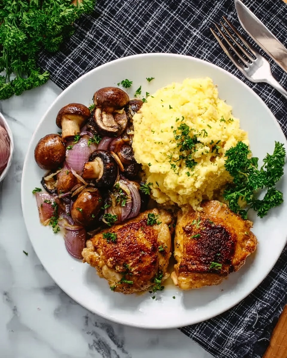 A white plate holds two golden-brown cooked chicken thighs on the right side. To the left of the chicken, there is a small pile of cooked mushrooms and halved red onions, all browned and mixed together. Next to the mushrooms, on the right half of the plate, is a mound of creamy, pale yellow mashed potatoes, slightly textured on top. A sprig of fresh green parsley is placed near the mashed potatoes. The plate is on a white marbled surface with some silverware and a dark checkered cloth nearby. Photo taken with an iphone --ar 4:5 --v 7
