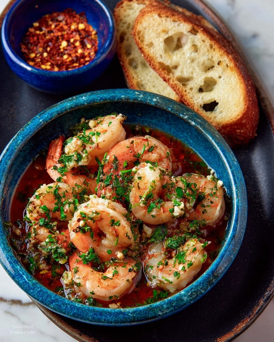 A blue ceramic bowl filled with pink shrimp covered in green chopped parsley and small bits of garlic, sitting in a thin red sauce at the bottom; the shrimp show light seasoning with a slightly oily shine. Next to the bowl on a dark surface, there are two slices of toasted bread with a golden crust and visible small holes in the crumb. A smaller blue bowl filled with coarse red chili flakes is placed above the shrimp bowl. The scene is set on a white marbled textured background. photo taken with an iphone --ar 4:5 --v 7