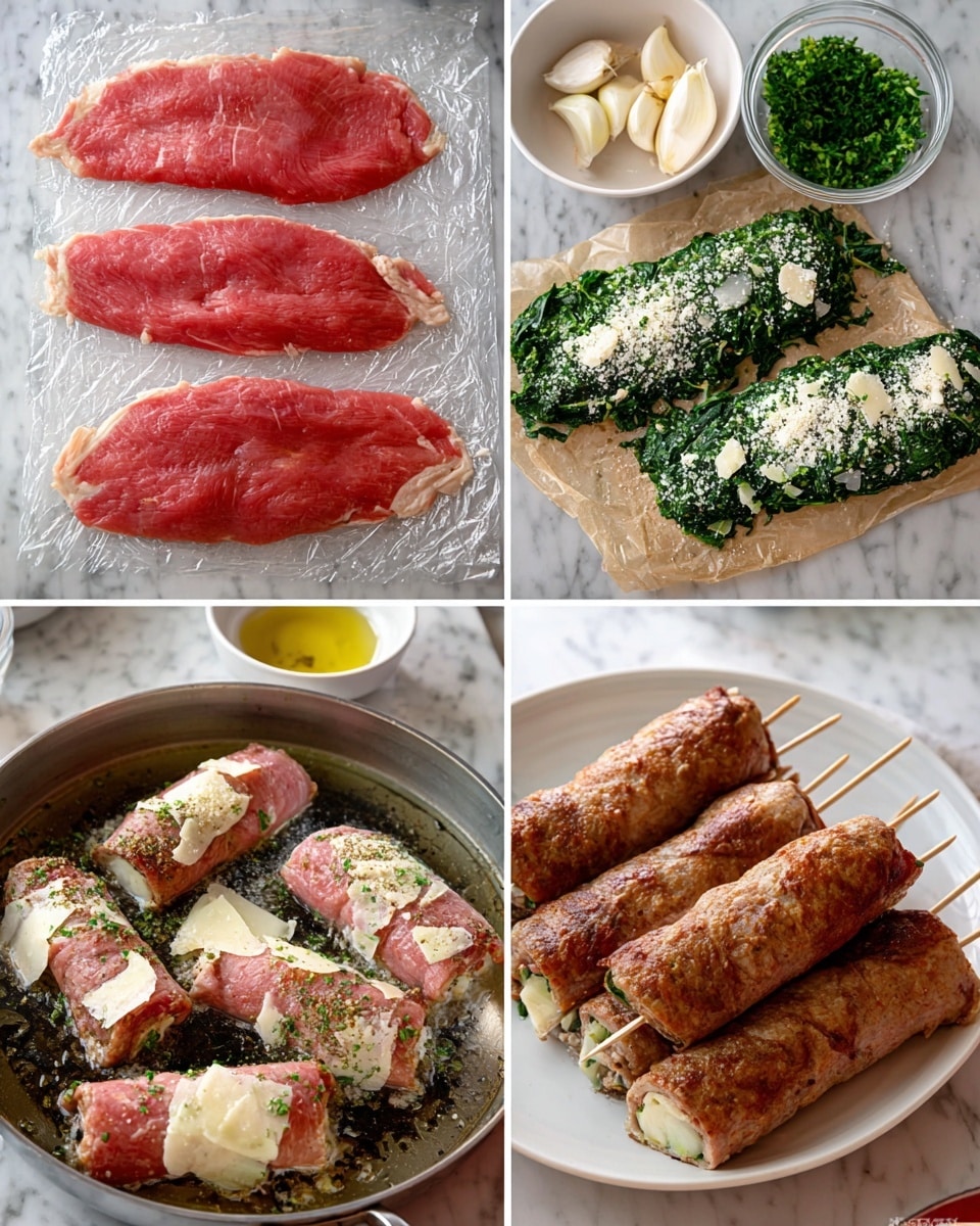 Four-panel image showing a cooking process on a white marbled surface: panel one has two thin raw meat slices laid flat on plastic wrap, with small bowls holding two garlic cloves, green herbs, chopped spinach, and grated cheese in the background; panel two shows one meat slice spread with green spinach pieces, sprinkled with white grated cheese and torn bread pieces; panel three features three rolled meat slices secured with toothpicks cooking in a silver pan with some bubbles of oil or water; panel four presents cooked and browned meat rolls stacked on a white plate, showing a denser texture and slight pink inside. Photo taken with an iphone --ar 4:5 --v 7