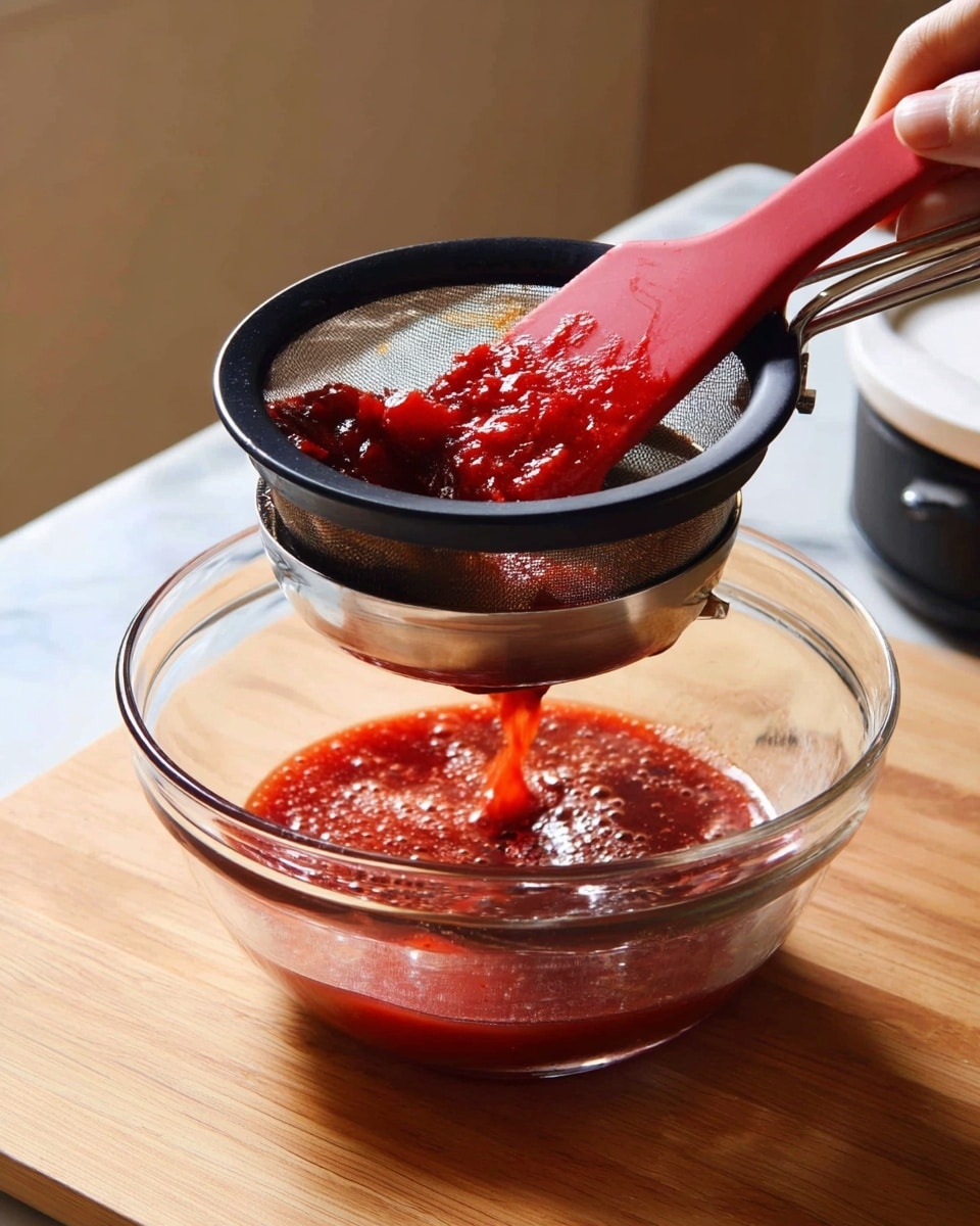 A red thick sauce with chunky pieces is being pushed through a fine black strainer held above a clear glass bowl. A red silicone spatula with a metal handle is pressing the sauce inside the strainer. The sauce filters down into the bowl, creating a smooth red liquid with some bubbles on top. The setup is on a wooden surface, with a white marbled background visible. A woman's hand is holding the spatula. Photo taken with an iphone --ar 4:5 --v 7