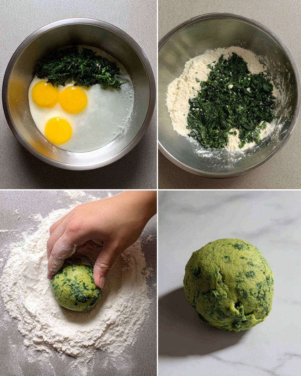 A four-photo collage shows the process of making spinach dough. The first photo displays a metal bowl with three cracked yellow egg yolks, white flour in a ring around the edges, and chopped dark green spinach on top. The second photo shows the mixed dough inside the same metal bowl, formed into a rough green ball with a textured surface. The third photo captures a woman's hand pressing down on the green dough ball covered with white flour on a gray textured surface. The fourth photo features a smooth, round ball of green dough placed on a clean white marbled surface. photo taken with an iphone --ar 4:5 --v 7