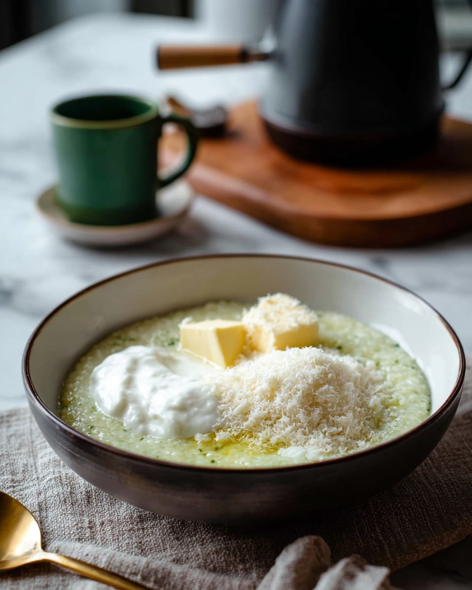 A shallow white bowl with a dark rim holds a creamy light green porridge base. Inside the porridge, there are three main toppings: a white creamy dollop on the left, a mound of finely grated white cheese on the right, and a square of melting butter with a yellow tint near the front edge. The bowl sits on a beige textured cloth, against a white marbled surface. In the blurred background, there is a green cup with a wooden handle and a black kettle placed on a wooden board. A golden spoon rests on the surface just outside the bowl, and a woman's hand is not visible but implied nearby. Photo taken with an iphone --ar 4:5 --v 7