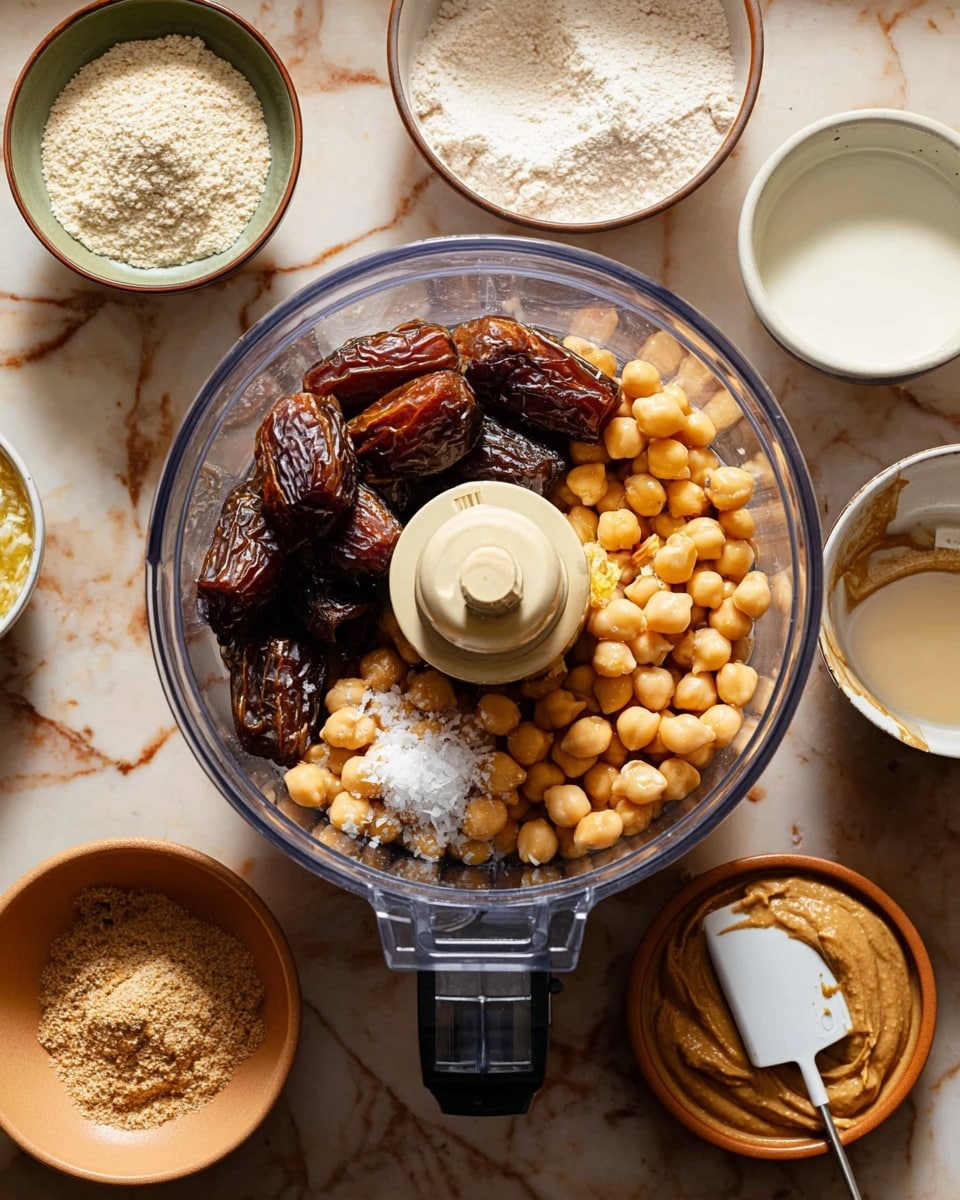 A clear food processor bowl sits centered on a white marbled textured surface, filled with several ingredients layered inside: on the left are dark brown dates with a wrinkled texture; next to them on the right are smooth, pale beige chickpeas; above the chickpeas is a dollop of creamy light brown tahini sauce; and sprinkled on top are small white piles of salt and baking soda. Surrounding the processor on the surface are small bowls and containers holding white powder (likely flour or baking powder), creamy white liquid, and beige powder (possibly flour or almond meal). A white spatula with some light brown tahini rests in a small tan bowl on the lower right side. photo taken with an iphone --ar 4:5 --v 7