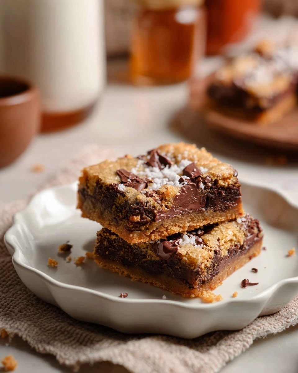 Two square-shaped cookie bars with a golden brown top layer filled with melty chunks and pieces of dark brown chocolate, resting on a white plate with scalloped edges. The top layer has a slightly crumbly texture with sprinkled coarse white flakes, and the bottom layer is darker and denser with melty chocolate mixed in. The background has a soft white marbled texture and blurred jars and bowls in warm tones. The plate is placed on a light beige cloth with a woven texture. Photo taken with an iphone --ar 4:5 --v 7