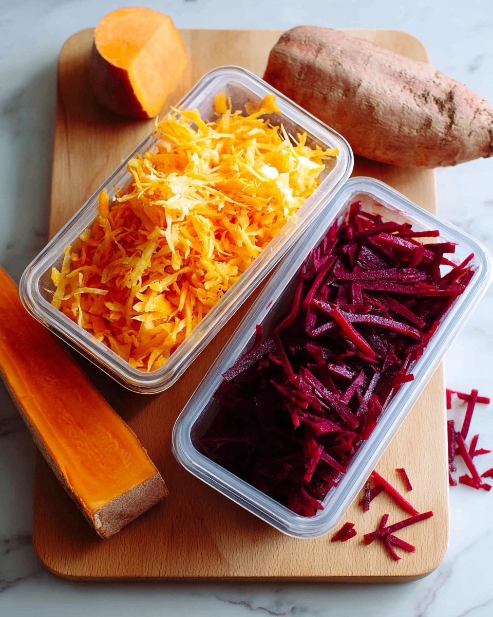 The image shows two clear rectangular containers filled with shredded vegetables on a light wooden board over a white marbled surface. The container on the left has bright orange shredded pieces with a smooth orange root beside it, half shredded and half whole. The container on the right is filled with thinly shredded deep purple-red pieces, arranged in a neat pile inside the container. Small bits of shredded vegetables are scattered around the containers and root. Photo taken with an iphone --ar 4:5 --v 7