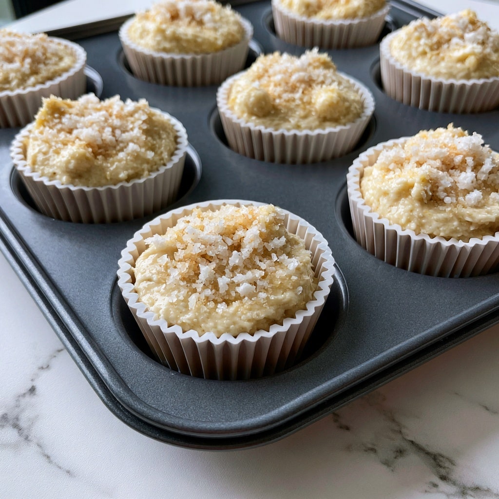 Three golden brown muffins with a slightly sugary, crumbly top sit on a white tray lined with black and white newspaper. Behind the closest muffin, a small glass jug holds white milk. Near the milk jug, two dark brown dates rest on the tray. A small white bowl filled with light brown sugar is partially visible at the bottom left corner. The tray is on a white marbled surface. The photo taken with an iphone --ar 4:5 --v 7