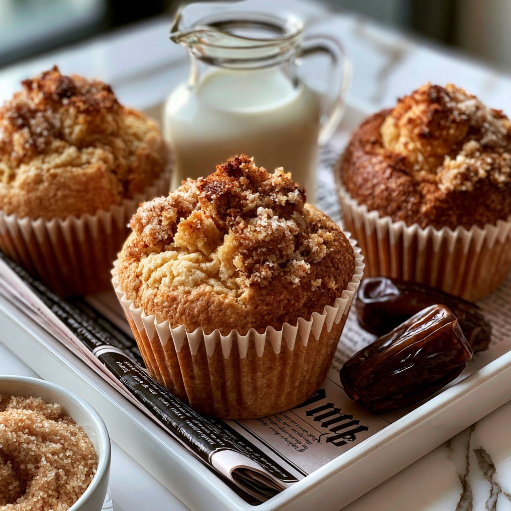 Three golden brown muffins with cracked tops covered in coarse sugar crystals sit close together on a textured dark metal tray. Golden sugar crumbs are scattered around the muffins on the tray's surface. The muffins have brown paper liners that wrap the sides, and the background shows a soft beige fabric over a white marbled texture surface. The image is softly focused behind the closest muffin in the foreground. photo taken with an iphone --ar 4:5 --v 7