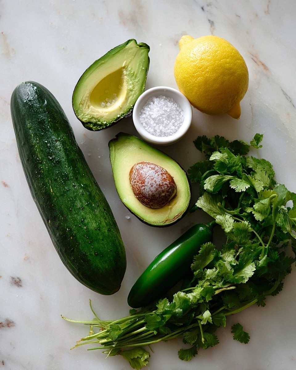 The image shows fresh ingredients laid out on a white marbled surface: a long dark green cucumber on the left, two avocado halves in the middle—one with the large brown seed and one empty with a smooth green flesh—above a small white bowl filled with coarse white salt, a bright yellow lemon placed near the top, a shiny green jalapeño pepper on the right, and a bunch of fresh green cilantro with visible stems at the bottom right. photo taken with an iphone --ar 4:5 --v 7