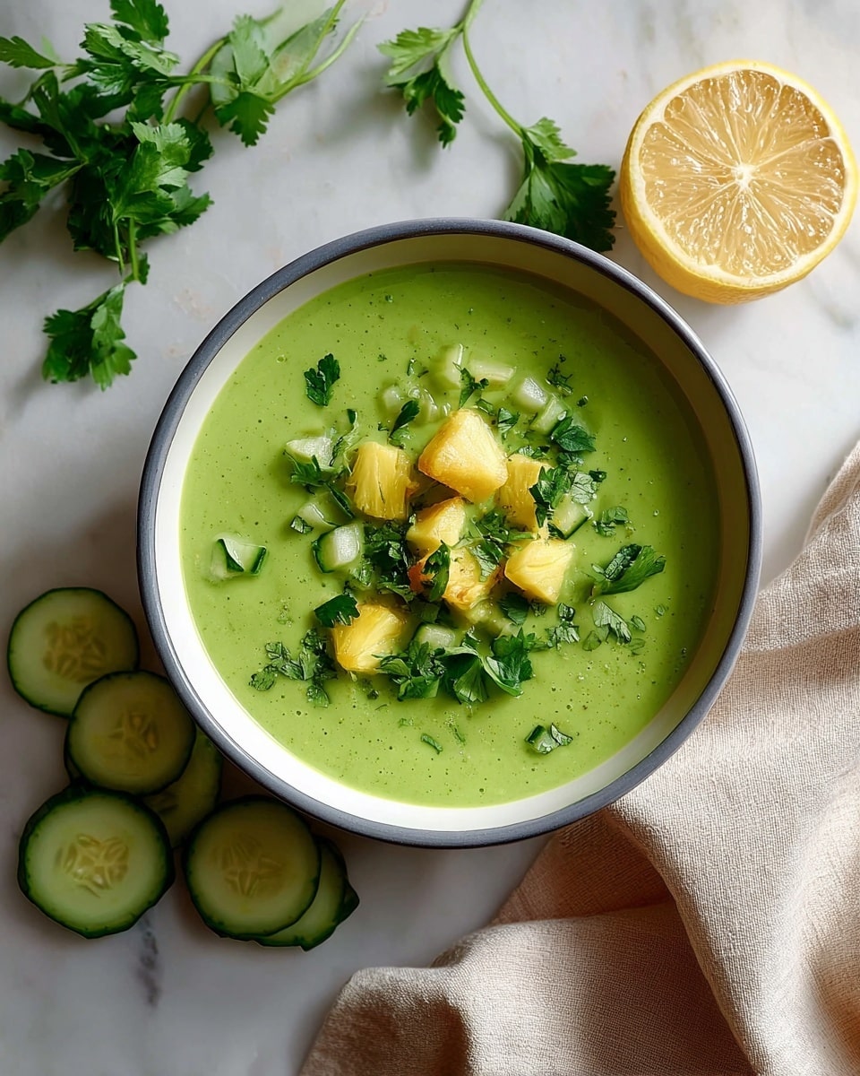 A bowl with smooth green soup fills most of the view, topped with small yellow pineapple pieces, green cucumber cubes, and green leafy cilantro scattered over the center. The bowl is white with a gray rim and sits on a white marbled surface. Around the bowl, there are some cucumber slices, loose cilantro leaves, half a lemon with a bright yellow peel, and a light beige cloth draped softly on the right side. The scene is clean and fresh, focused on the vibrant colors of the food photo taken with an iphone --ar 4:5 --v 7