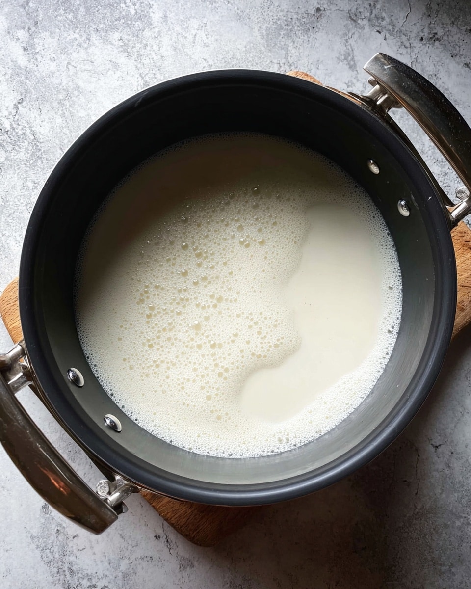 A top-down view of a black cooking pot filled with a smooth, light cream-colored liquid that looks slightly frothy on the surface, with small bubbles and subtle texture variations, sitting on a white marbled surface. The pot has two handles, one visible on each side, with metal rivets. The liquid fills the pot almost to the edge, creating a calm and even layer. photo taken with an iphone --ar 4:5 --v 7