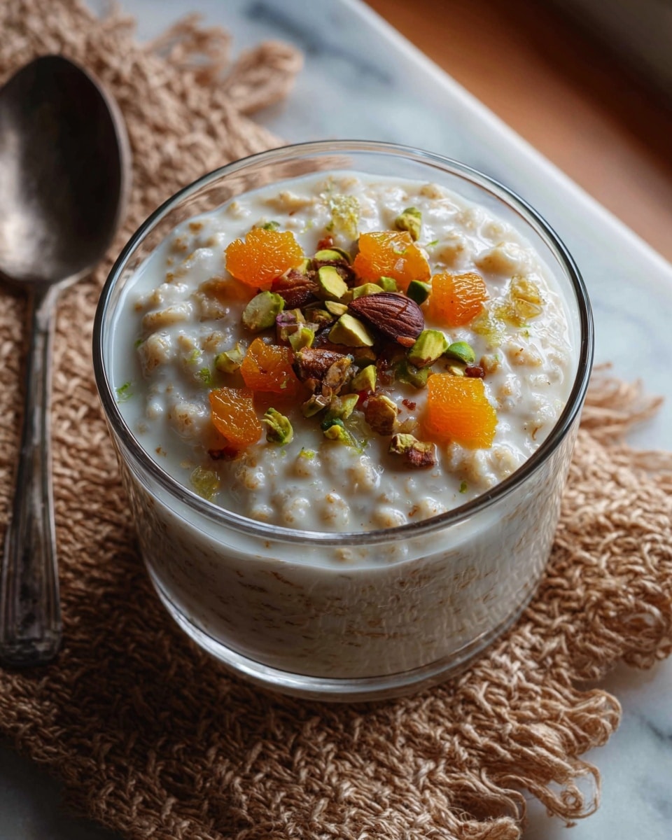 A transparent glass cup filled with creamy white porridge made of grains, showing a thick texture with small visible grains throughout. On top, there are small pieces of orange dried fruit and green pistachio nuts scattered in the center. The cup is placed on a coarse, beige woven mat, which rests on a white marbled surface, giving a natural and clean look. Photo taken with an iphone --ar 4:5 --v 7