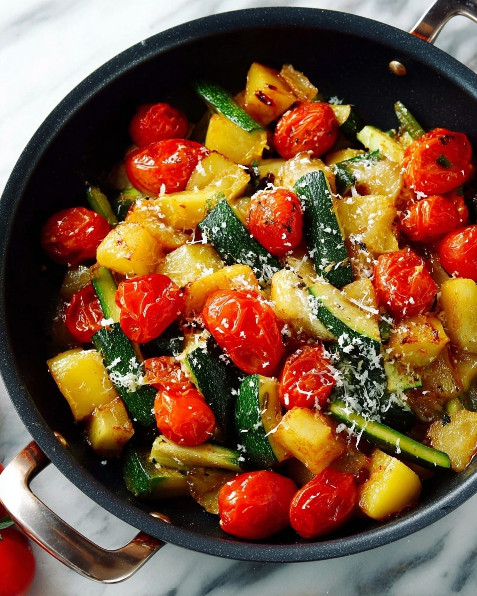 This image shows a black pan filled with cooked mixed vegetables on a white marbled surface. The vegetables include golden yellow squash pieces, green zucchini slices, and bright red and orange cherry tomatoes. The vegetables are sprinkled with grated light-colored cheese. Next to the pan, there is a basket of fresh red and orange cherry tomatoes, a whole green zucchini, and a whole yellow squash. A small white bowl with salt and a white cloth with red stripes are near the pan. Photo taken with an iphone --ar 4:5 --v 7