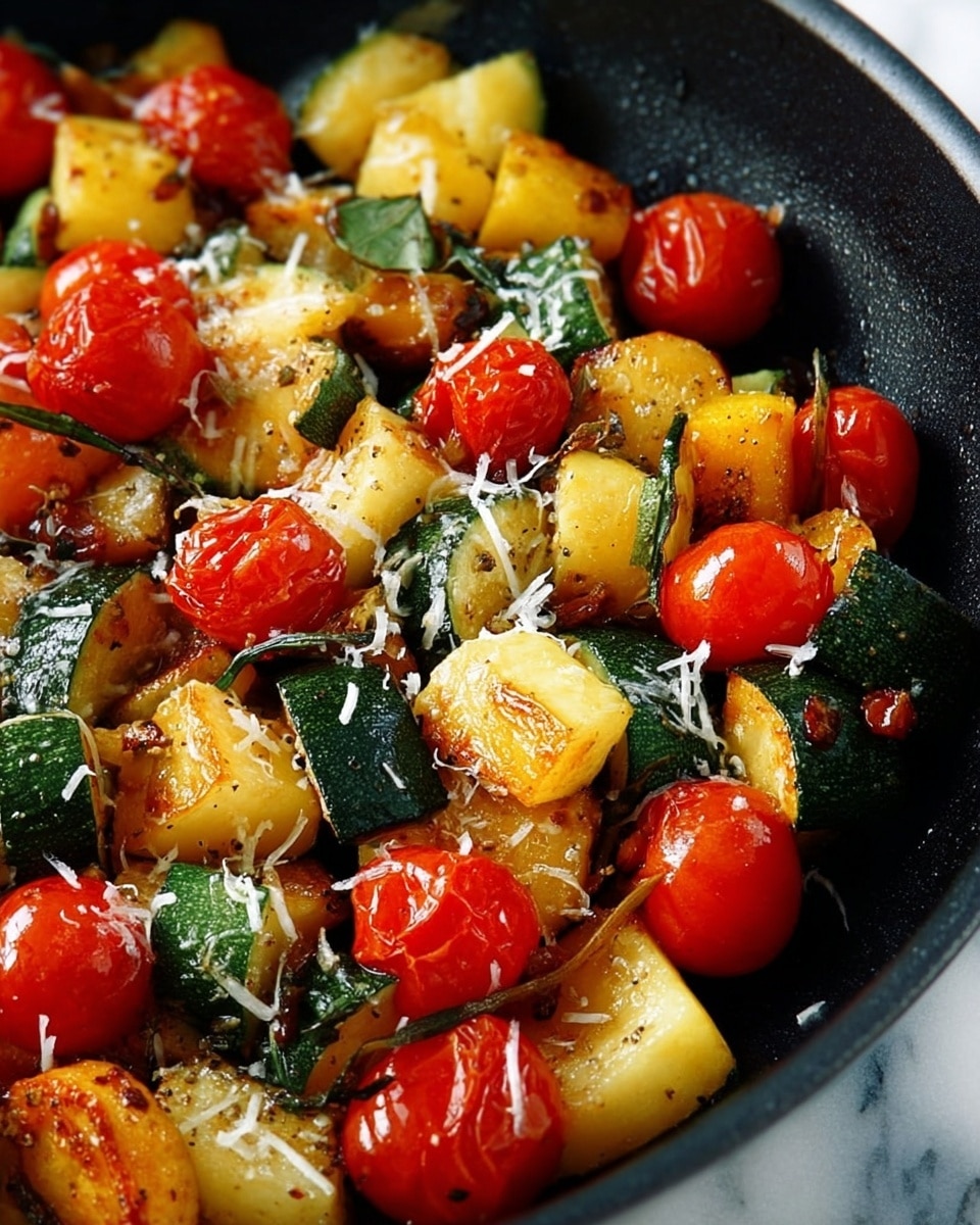 The image shows a close-up of a black pan filled with roasted vegetables. There are three main layers: bright red and orange round cherry tomatoes scattered on top, chunks of yellow squash with browned edges beneath them, and slices of green zucchini with char marks mixed in throughout. The vegetables have a glossy texture from cooking oils and are sprinkled with small white shreds of cheese on top. The pan sits on a white marbled surface photo taken with an iphone --ar 4:5 --v 7
