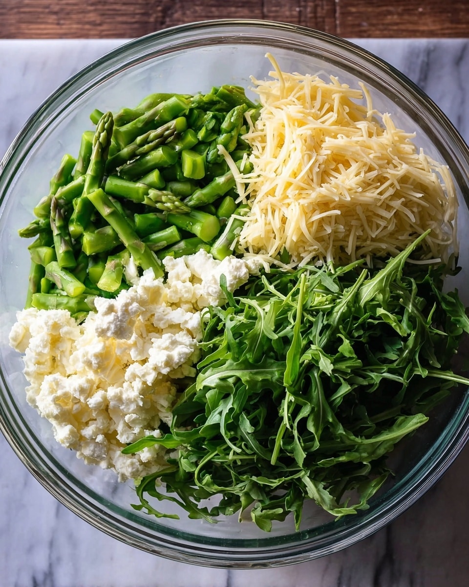 The image shows two white bowls filled with a colorful orzo salad placed on a woven mat with a white marbled surface underneath. Each bowl contains three main layers: the bottom layer is small, yellowish-white orzo pasta; the middle layer has bright green asparagus pieces scattered evenly; and the top layer features halved red cherry tomatoes and small white crumbles of cheese, all mixed well together. The lighting highlights the fresh texture and vibrant colors of the ingredients, making the dish look fresh and inviting. photo taken with an iphone --ar 4:5 --v 7