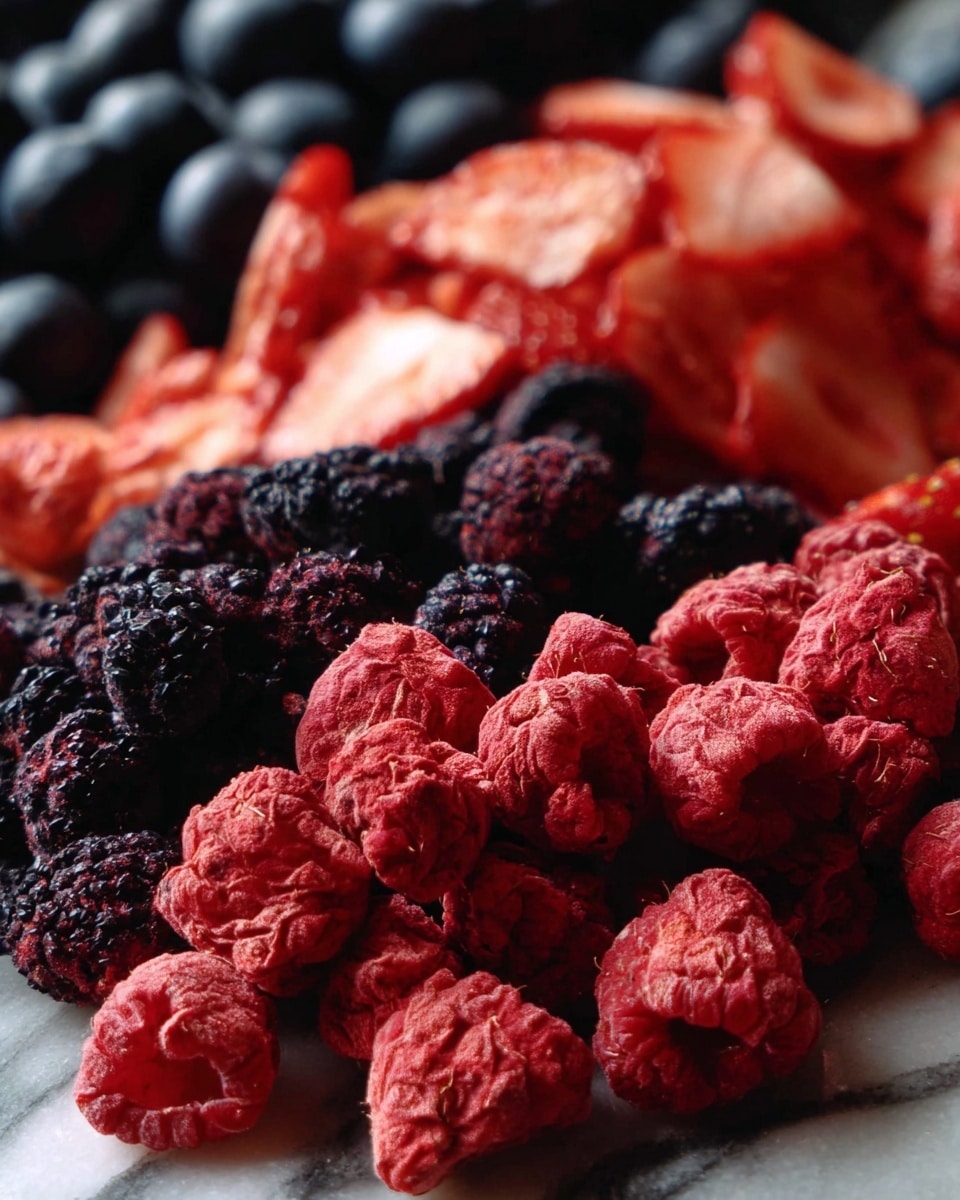 The image shows three layers of dry berries placed closely on a white marbled surface. The front layer has bright red raspberries with a wrinkled, bumpy texture. Behind them is a middle layer of black mulberries with a bumpy and slightly shiny texture. The back layer shows light red, flat slices of strawberries with a porous surface. photo taken with an iphone --ar 4:5 --v 7