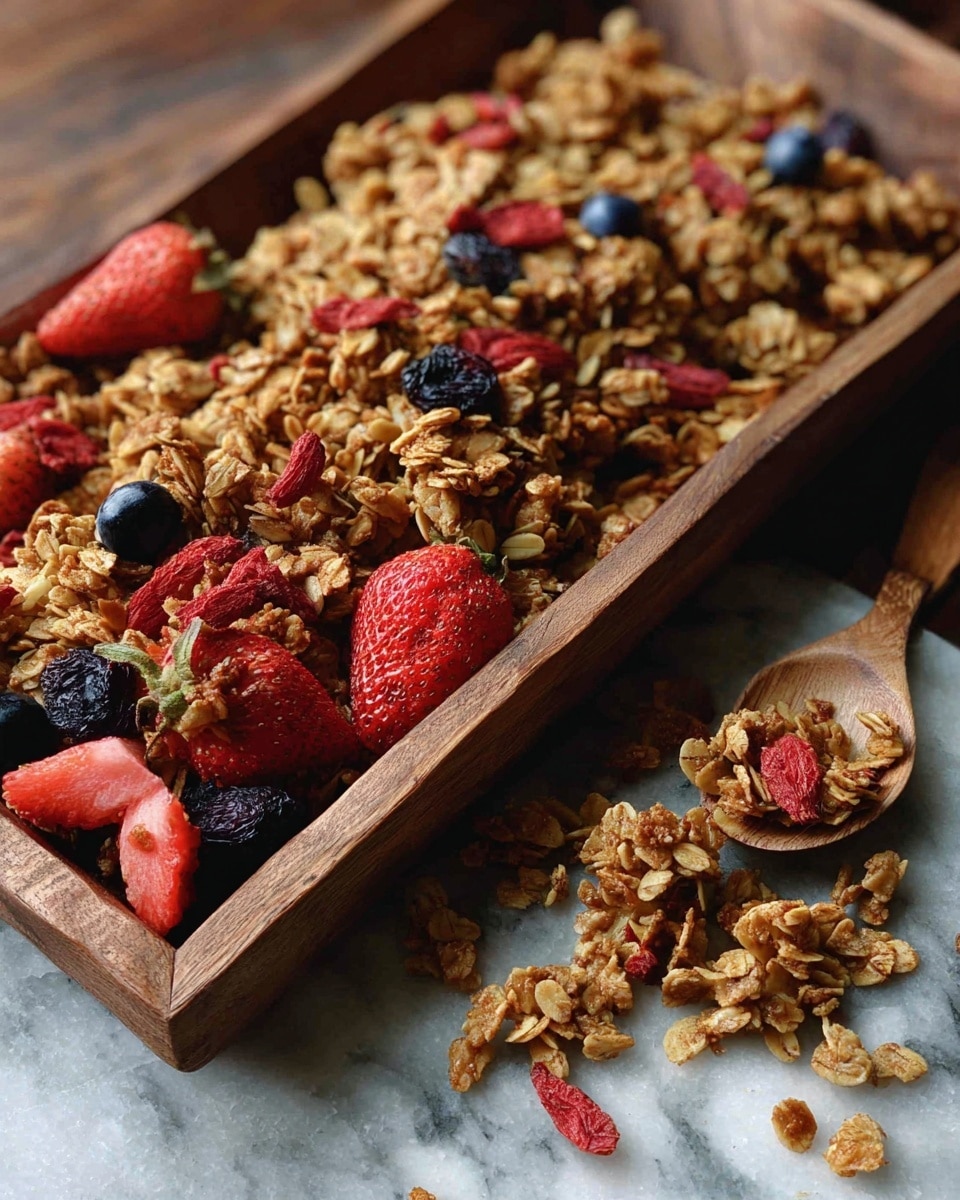 A close-up view of crunchy granola showing one main layer made of oats, nuts, and seeds mixed with bright red dried strawberries and dark blue dried berries, all resting on a rustic wooden tray with some granola pieces scattered on a white marbled texture surface below. photo taken with an iphone --ar 4:5 --v 7