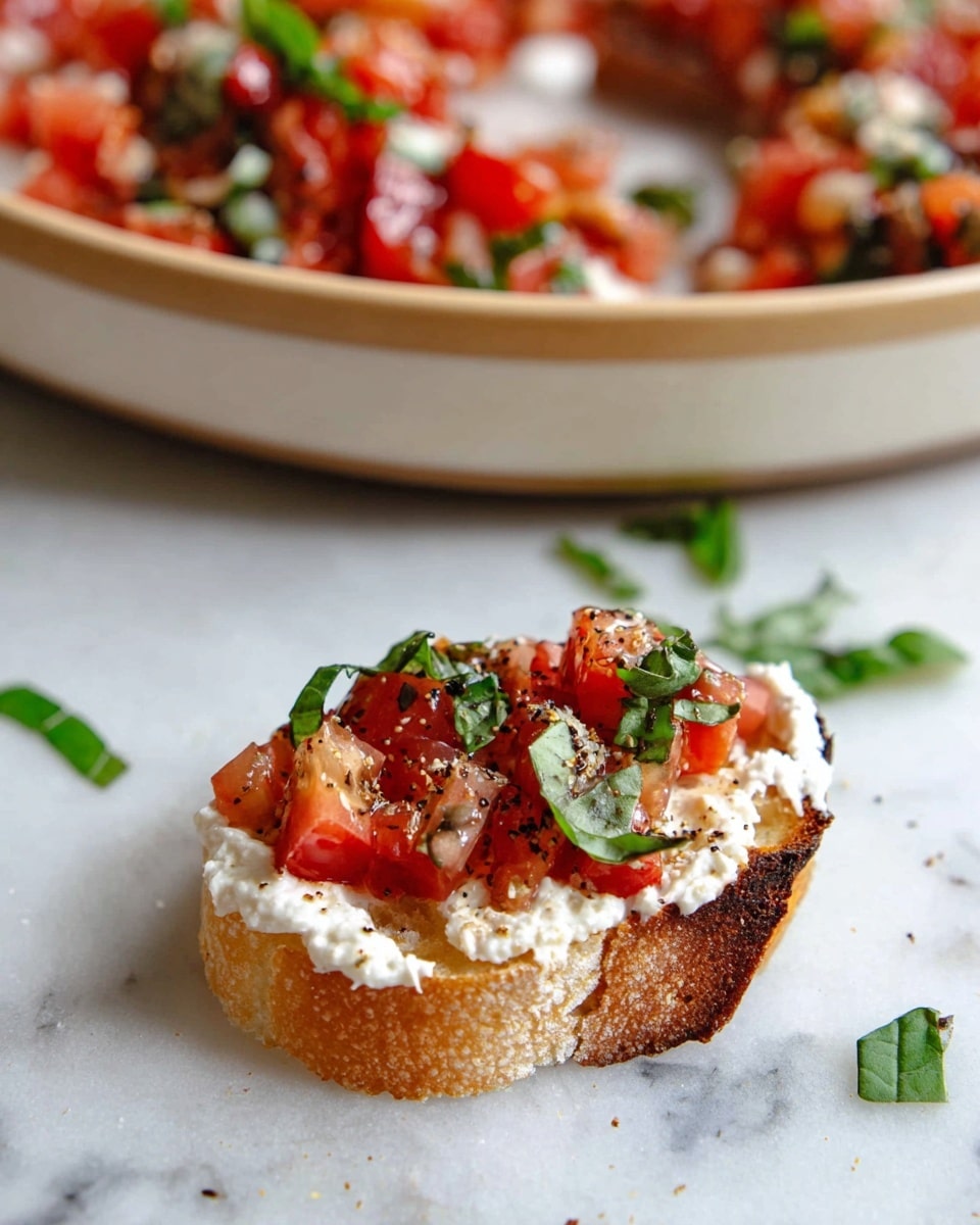 The image shows a small bruschetta piece on a white marbled surface. The base is a light brown, seeded crispy slice of bread with a sprinkle of black seasoning. On top is a creamy white cheese spread, followed by bright red diced tomatoes mixed with small green basil pieces. Around the bruschetta are fresh green basil leaves scattered on the white marbled background. In the back, there is a close-up of a full bowl filled with the same mix of diced tomatoes, cheese, and basil, placed in a white bowl with a light brown exterior. photo taken with an iphone --ar 4:5 --v 7