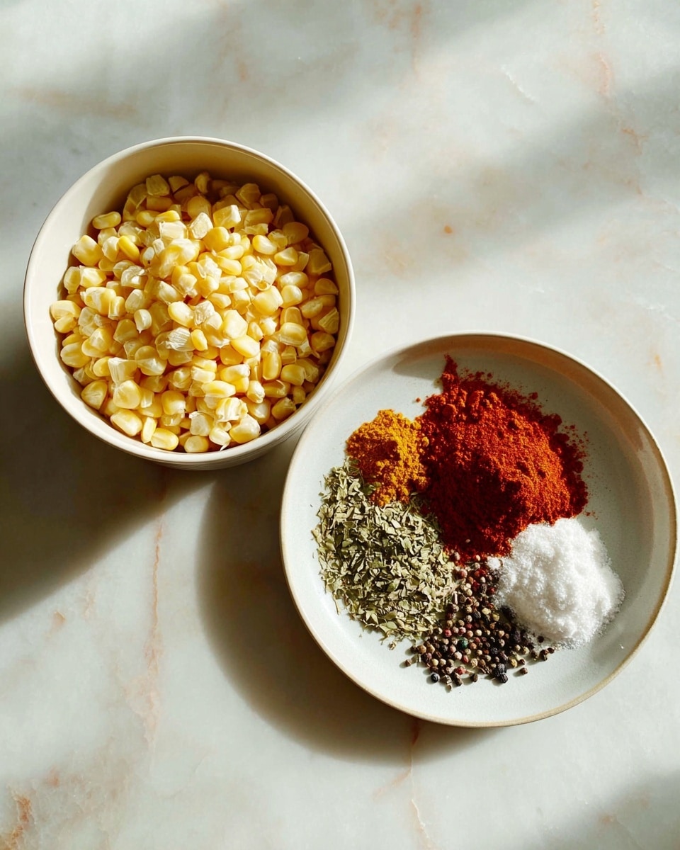 The image shows two white dishes placed on a white marbled surface. The dish on the left is a bowl filled with small, pale yellow corn kernels, which have a shiny and smooth texture, filling the bowl nearly to the top. The dish on the right is a flat plate holding six separate piles of colorful spices: a large pile of bright red spice at the top right, a smaller pile of burnt orange spice to the left of it, a light green dried herb below the orange, some darker green dried leaves beneath it, a white powdery spice at the bottom left, and a small mix of black and white pepper near the center. The lighting is soft and natural, highlighting the textures and colors of the corn and spices. photo taken with an iphone --ar 4:5 --v 7