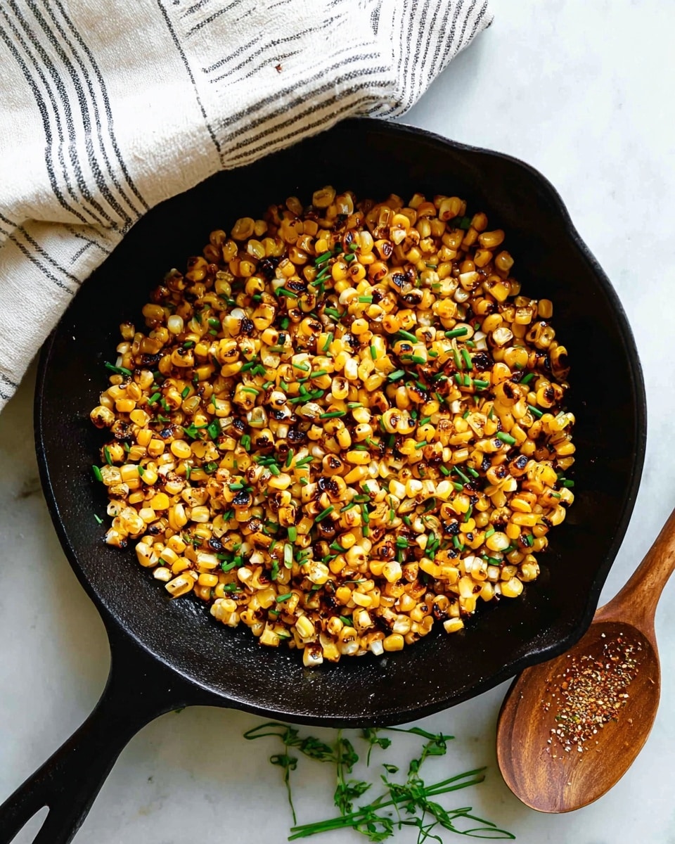 The image shows a black cast iron skillet filled with cooked corn kernels that are lightly browned with small black char marks, giving a crispy texture. The corn is bright yellow with some golden brown spots and is sprinkled with small pieces of green herbs, likely chives, distributed evenly across the top. The skillet rests on a white marbled surface, and a white cloth with thin black stripes is draped casually in the background. Photo taken with an iphone --ar 4:5 --v 7