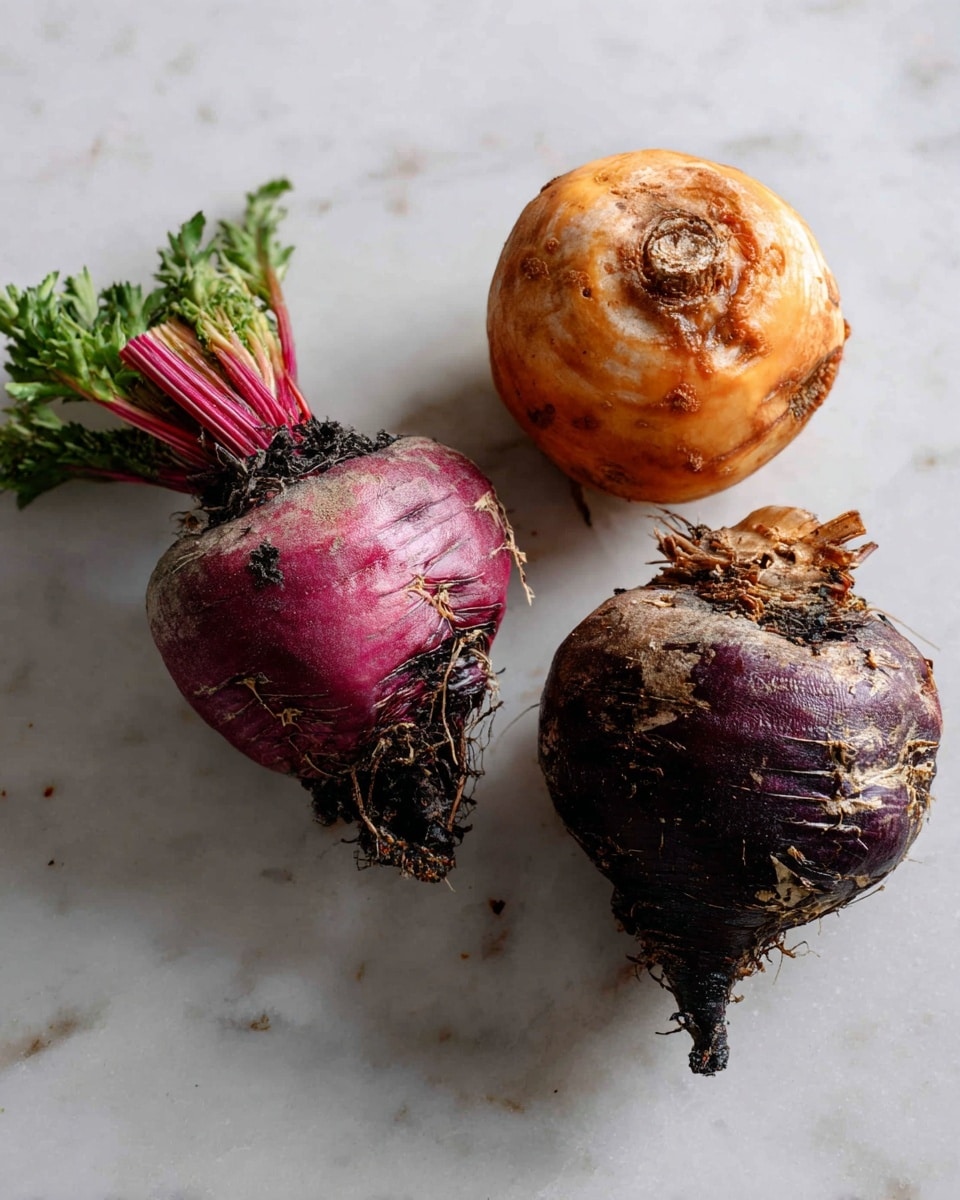 Three root vegetables placed on a white marbled surface, one round orange root vegetable at the top right with a rough, slightly burnt, and textured top, one purple root vegetable with dark violet skin and remnants of small red and green leaves at the top left, and a darker purple root vegetable with a rough, almost blackened top at the bottom right. The vegetables have an earthy, slightly dirty look with visible small roots and textures. photo taken with an iphone --ar 4:5 --v 7
