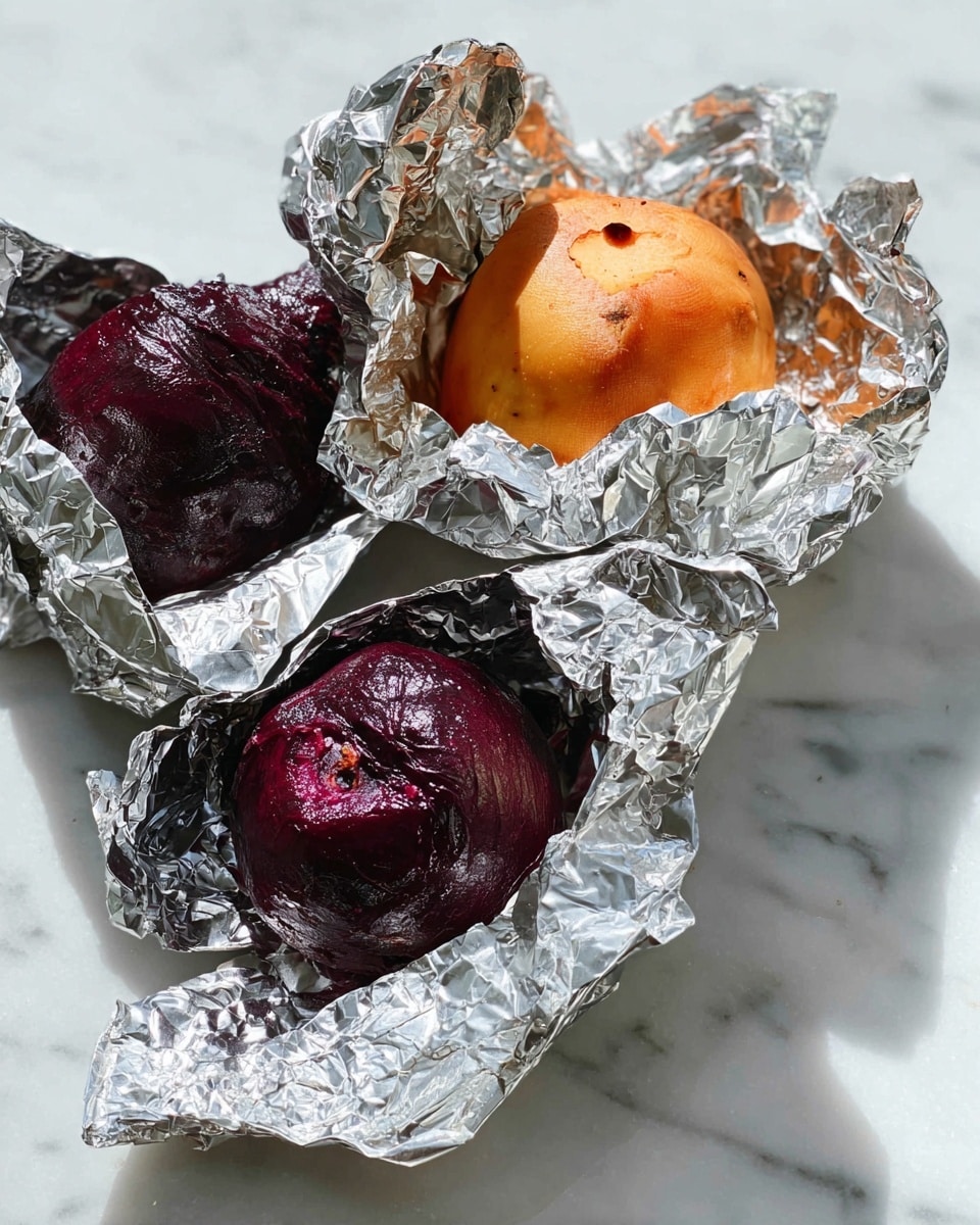 A white bowl holds three peeled cooked vegetables with smooth, shiny surfaces, placed on a white marbled texture. The top left vegetable is a bright yellow-orange potato with a slightly glossy texture. To the right is a dark purple, almost black, round beet with a slightly wrinkled surface. At the bottom of the bowl lies another beet, this one deep red-purple, also with a smooth and shiny texture. The bowl is simple and round, and the arrangement of the three vegetables forms a loose triangle inside it. Photo taken with an iphone --ar 4:5 --v 7