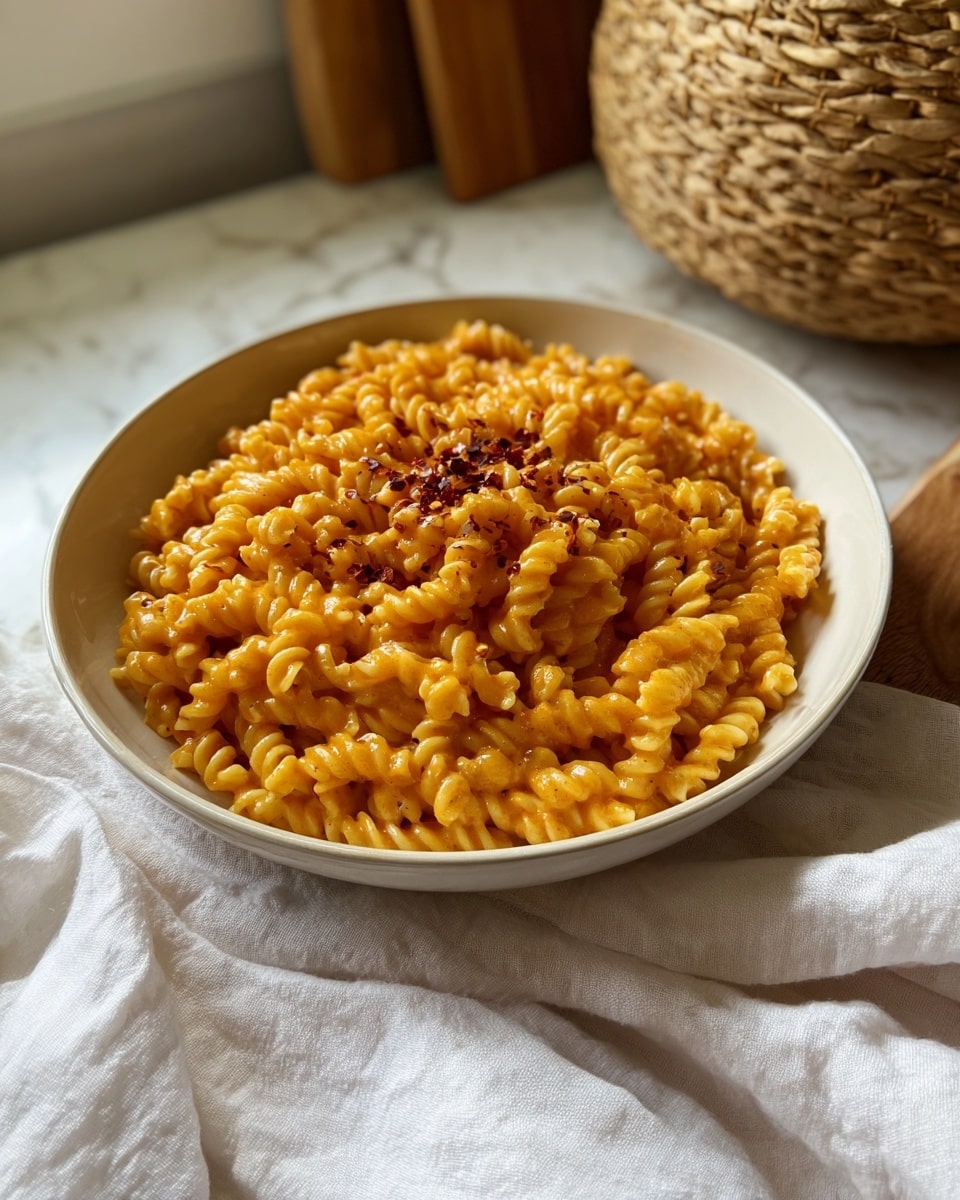 A round white bowl filled with one layer of curly pasta coated evenly in a smooth, shiny orange sauce, with small dark red chili flakes scattered on top. The bowl sits on a white cloth with soft wrinkles, placed on a white marbled surface. In the background, there is a woven basket and a wooden cutting board, adding a warm tone to the scene. Photo taken with an iphone --ar 4:5 --v 7