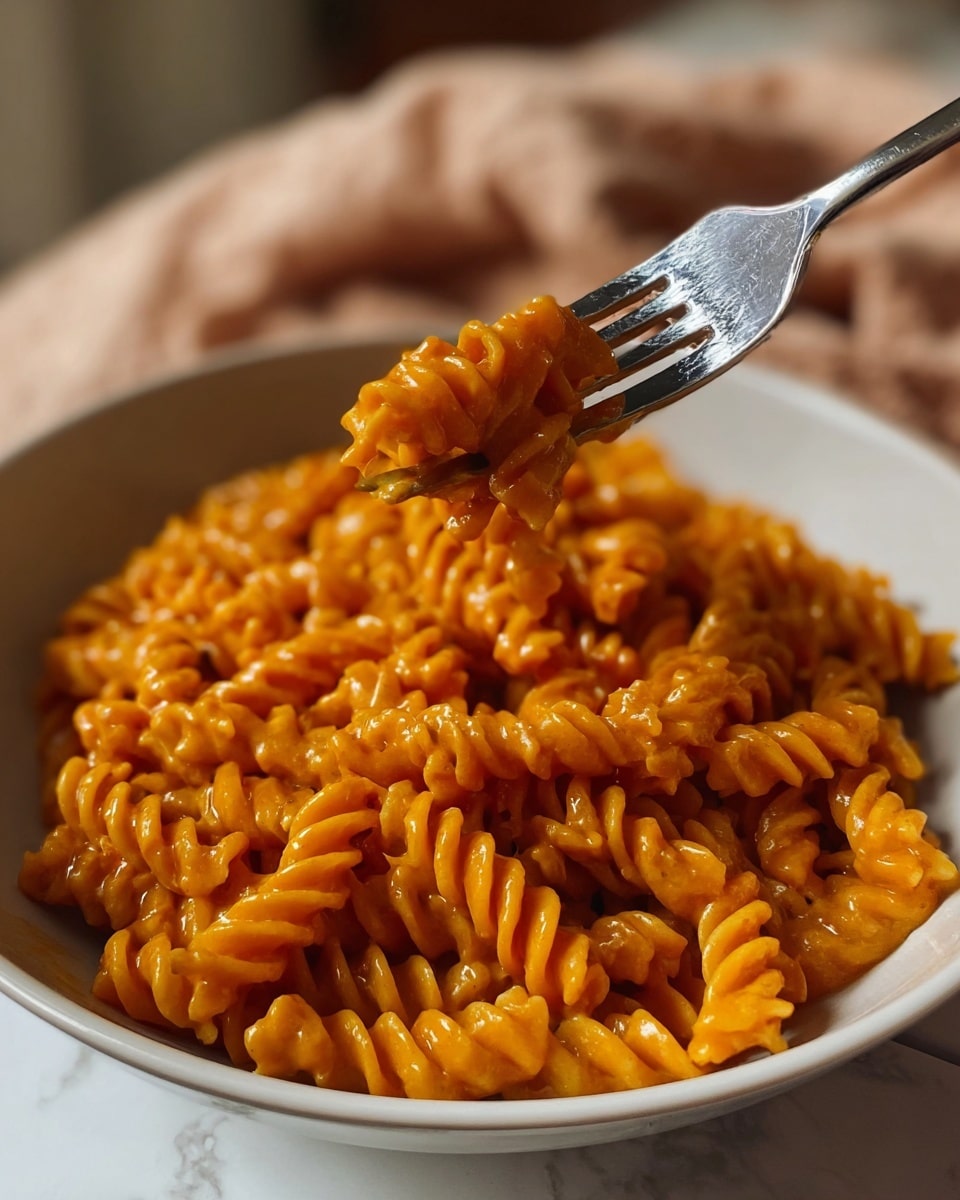 A close-up of orange spiral-shaped pasta covered in smooth sauce, with several pasta pieces held by a silver fork above a white bowl filled with more of the same pasta. The background is soft and blurred with warm tones, and the bowl rests on a white marbled surface. The colors focus on the rich orange pasta and the metallic shine of the fork photo taken with an iphone --ar 4:5 --v 7