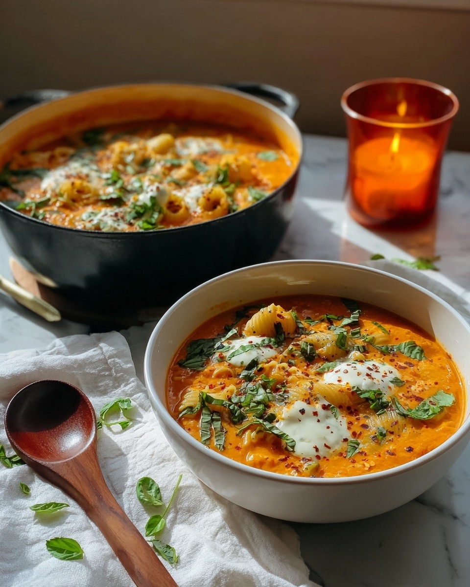 A white bowl filled with a thick orange soup showing soft pasta sheets partly covered by three small dollops of white creamy cheese, each topped with a sprinkle of black pepper and red chili flakes. Bright green fresh basil leaves are scattered over the soup giving a fresh look. The bowl sits on a white marbled surface with sunlight casting soft shadows. A wooden spoon is placed next to the bowl and parts of a black bowl with more soup are visible behind. Photo taken with an iphone --ar 4:5 --v 7