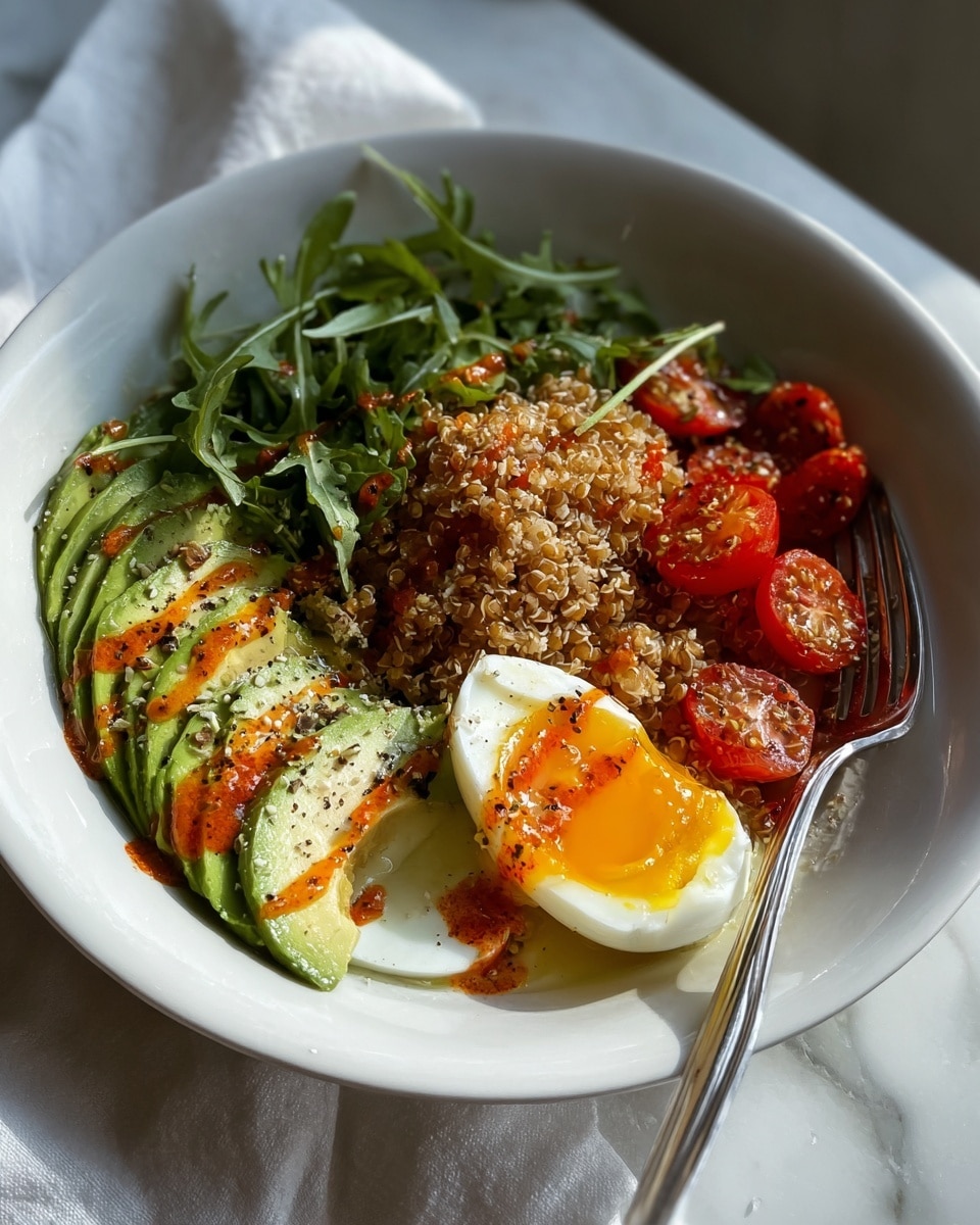 A white bowl filled with a colorful salad showing three main layers: the base is fresh, green leafy arugula with smooth textures, mixed with red cherry tomato halves; the middle layer consists of diced creamy avocado chunks and small white cheese pieces, some browned slightly; the top layer is sprinkled with crunchy, light brown grains and a reddish seasoning powder scattered over the salad; a metal fork is gently placed inside on the right side; the bowl sits on a white marbled surface with sunlight casting soft shadows, creating a warm and fresh look photo taken with an iphone --ar 4:5 --v 7