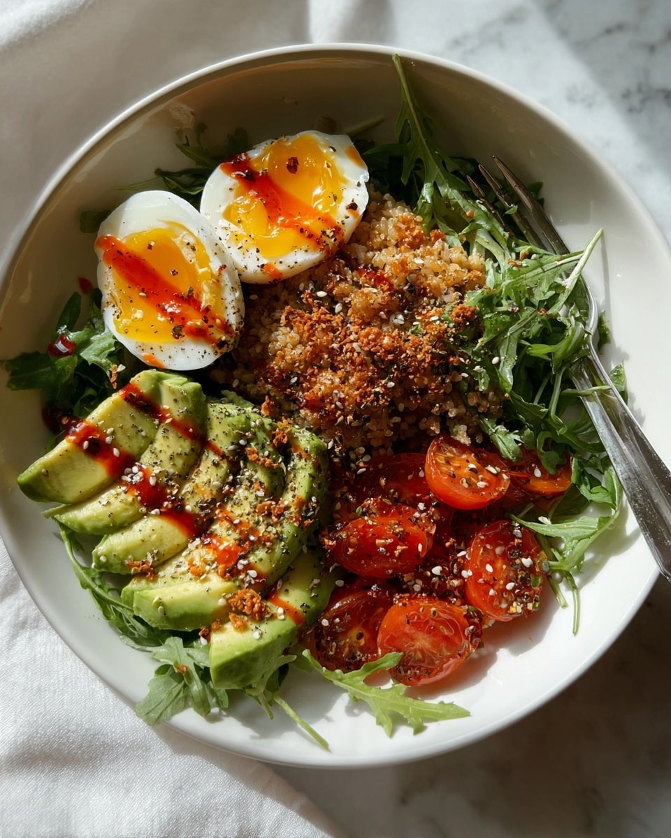 A white shallow bowl on a white marbled surface holds a colorful dish with several layers. At the back is a pile of cooked brown grains with a slightly shiny, oily texture. To its right are bright red, halved cherry tomatoes on a bed of fresh green arugula leaves. Below the grains and tomatoes are two halves of a soft-boiled egg with a bright yellow yolk, sprinkled with black pepper and seeds. On the left side are thin, even slices of avocado, drizzled with an orange-red sauce and sprinkled with seasoning. A silver fork rests on the right edge of the bowl. The scene is lit with soft natural light. Photo taken with an iphone --ar 4:5 --v 7