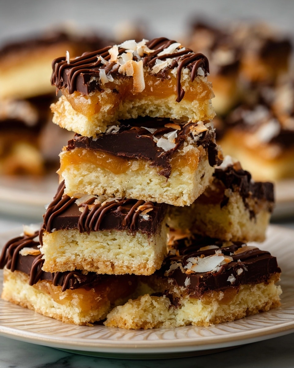 There is a stack of small square bars with three clear layers. The bottom layer is light beige and crumbly, like a shortbread base. On top of that is a thick layer of dark brown chocolate, smooth and glossy. The middle layer has a golden, shiny caramel mixed with shredded white coconut, giving it a textured, sticky look. The top is decorated with thin dark brown chocolate drizzle in wavy lines. One bar on top is broken in half, showing its inside layers clearly. The bars sit on a round white plate with a subtle embossed pattern, all on a white marbled surface. Photo taken with an iphone --ar 4:5 --v 7