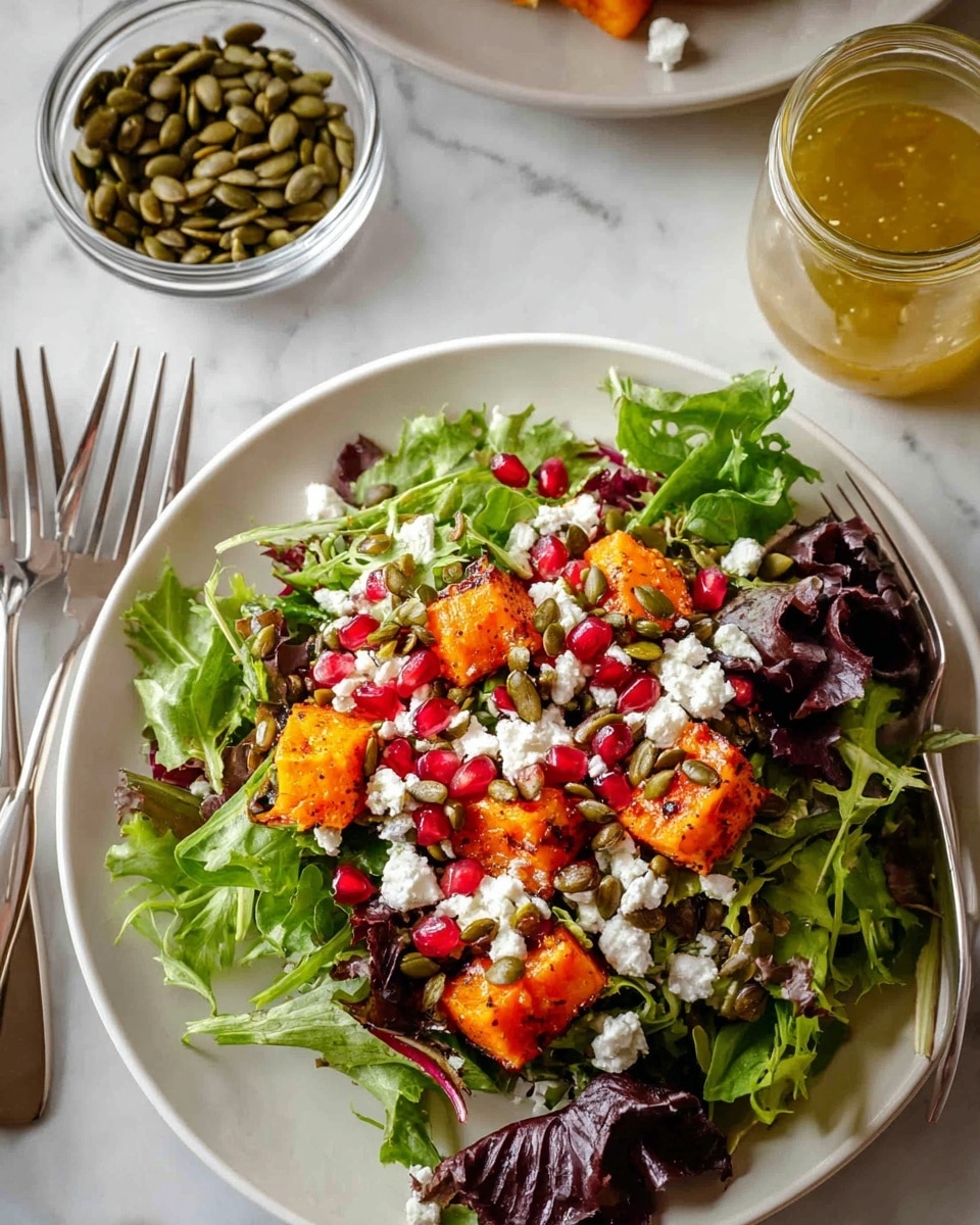 A white plate shows a colorful salad with three main layers. The bottom layer is fresh mixed greens with different shades of green and purple leaves, giving a leafy texture spread evenly. The middle layer has bright orange roasted chunks placed over the greens, adding a soft and warm look. The top layer is scattered with white crumbled cheese, vibrant red pomegranate seeds, and green pumpkin seeds, creating small spots of color and texture contrast. Beside the plate, there is a small clear glass bowl filled with green pumpkin seeds and a small jar of golden yellow salad dressing. Two silver forks are near the top right corner, with a white marbled surface beneath everything. photo taken with an iphone --ar 4:5 --v 7
