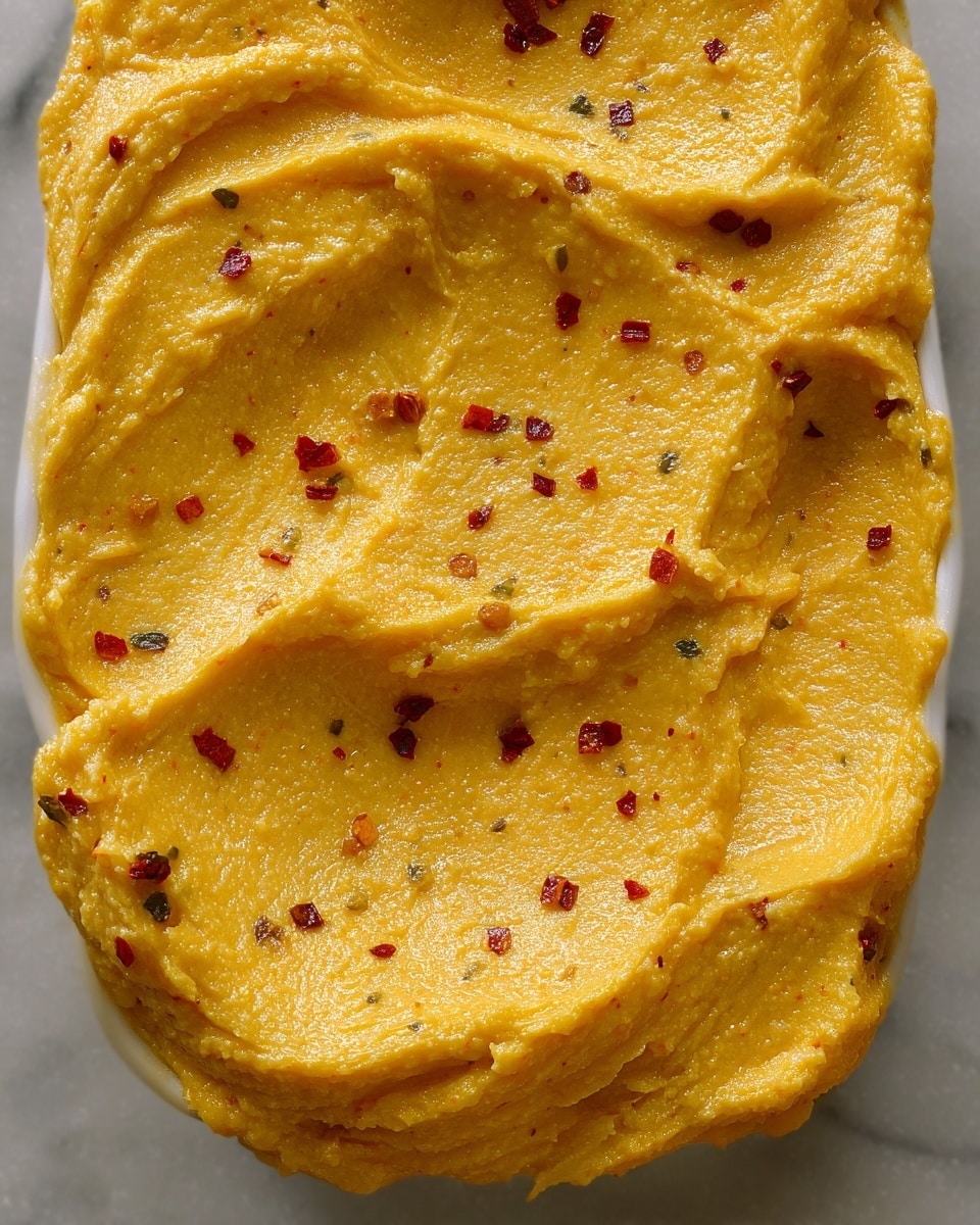 The image shows a thick, smooth, and creamy yellow spread with small red specks evenly mixed throughout. It looks soft with slight ridges and swirls that give it a textured surface. The spread is laid flat inside a white dish, with the edges gently lifted at a few places, showing a rich, velvety consistency. The background is a white marbled texture. photo taken with an iphone --ar 4:5 --v 7